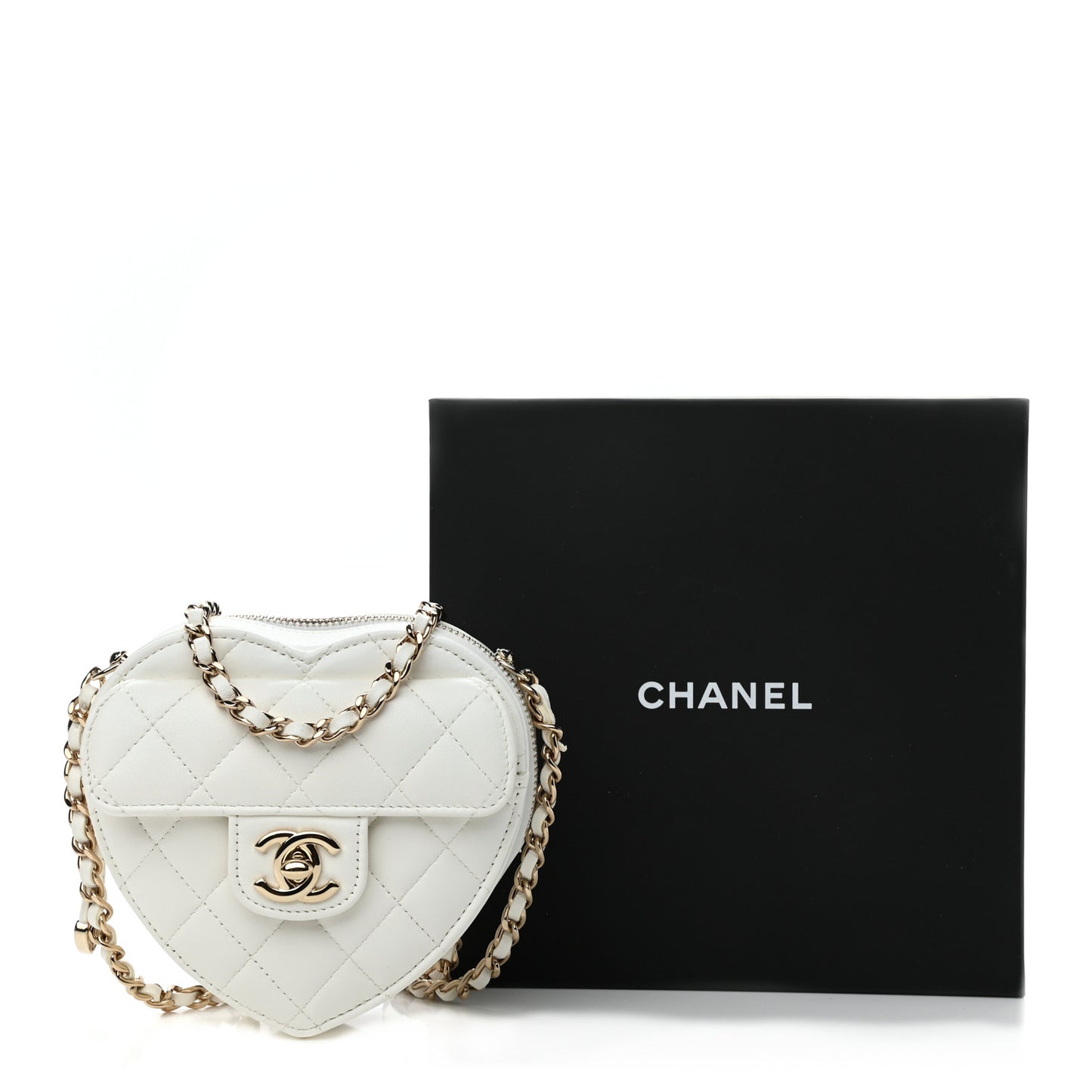 Lambskin Quilted CC In Love Heart Clutch With Chain White