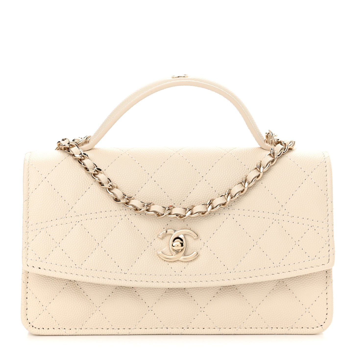 Caviar Quilted Trendy Handle Clutch With Chain Ecru