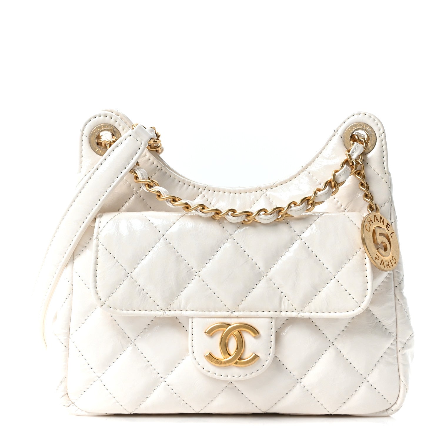 Chanel Shiny Crumpled Calfskin Quilted Small Wavy CC Hobo White