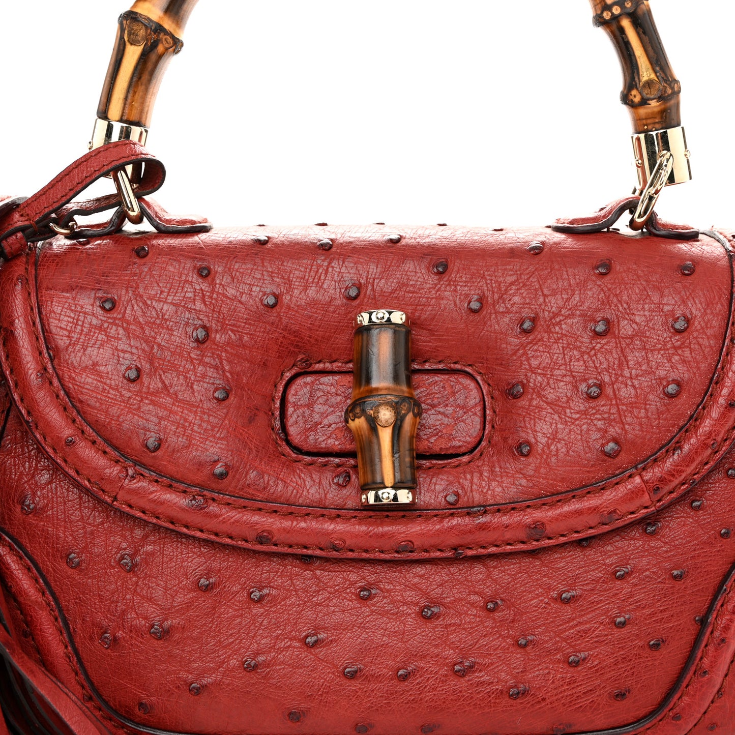 Ostrich Medium New Bamboo Top Handle Bag Red