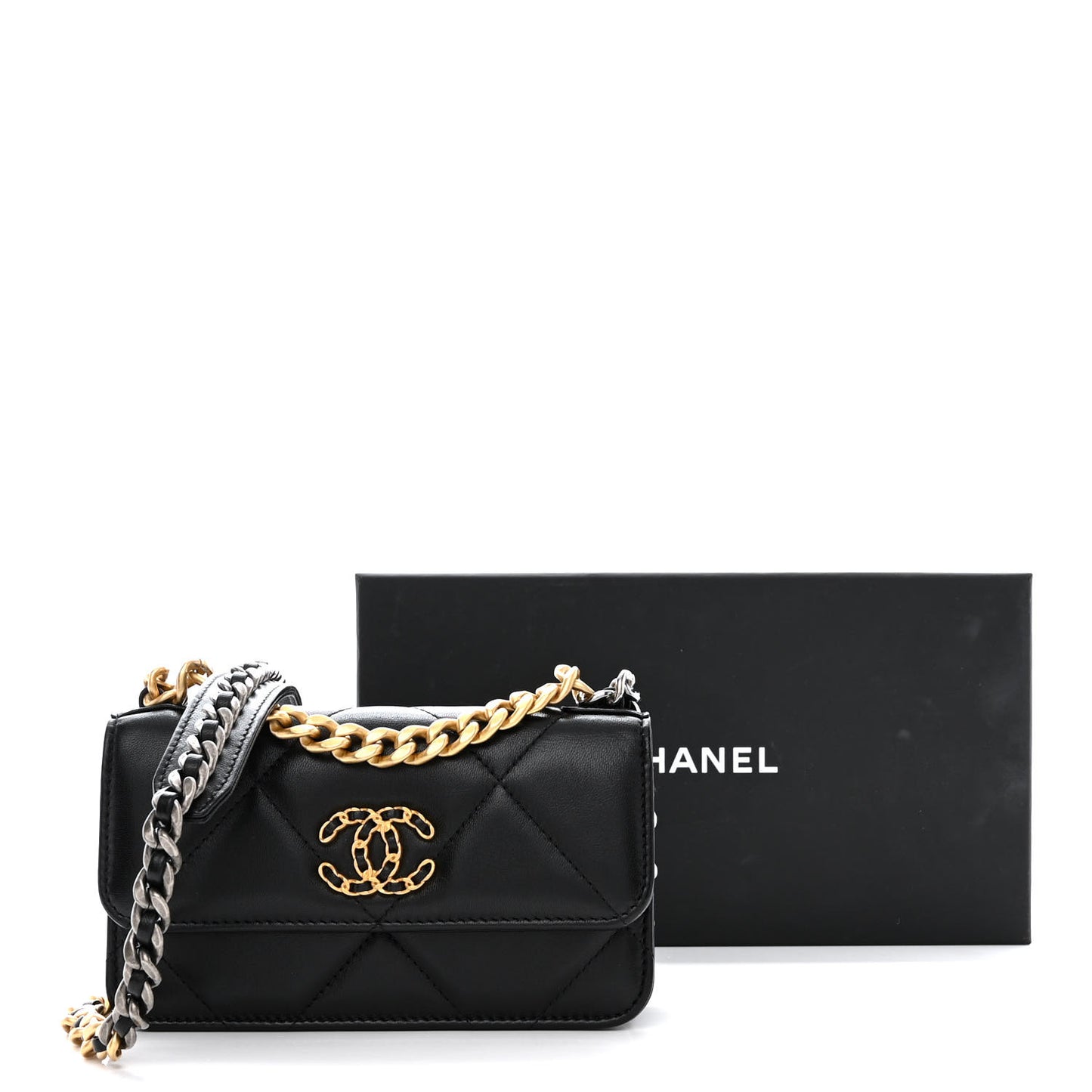 Lambskin Quilted Chanel 19 Flap Phone Holder With Chain Black