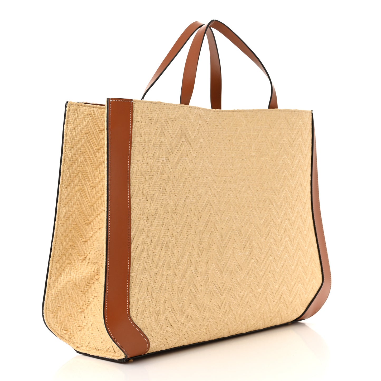 Raffia Calfskin Large Vlogo Shoulder Tote Naturale Saddle Brown