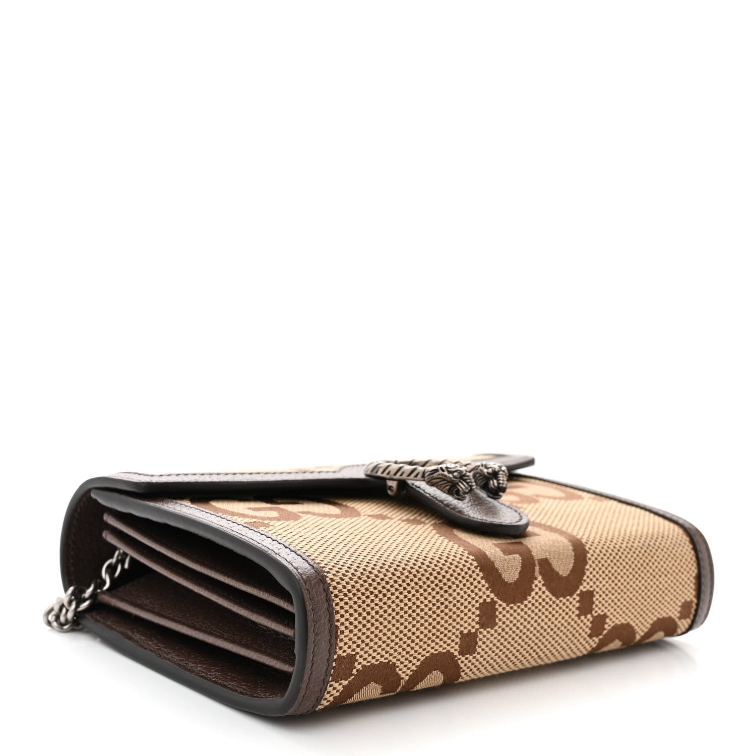 Gucci Monogram Jumbo GG Textured Dollar Calfskin Mini Dionysus Chain Wallet Camel Ebony New Acero 4 of 11