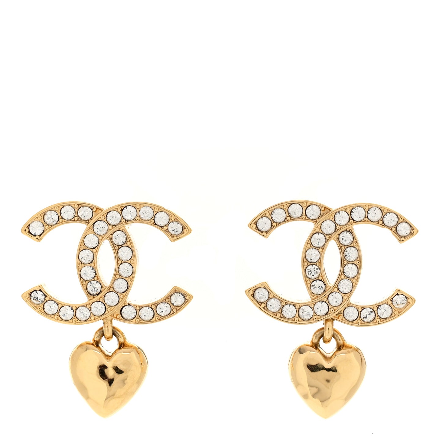 Metal Crystal CC Heart Drop Earrings Gold