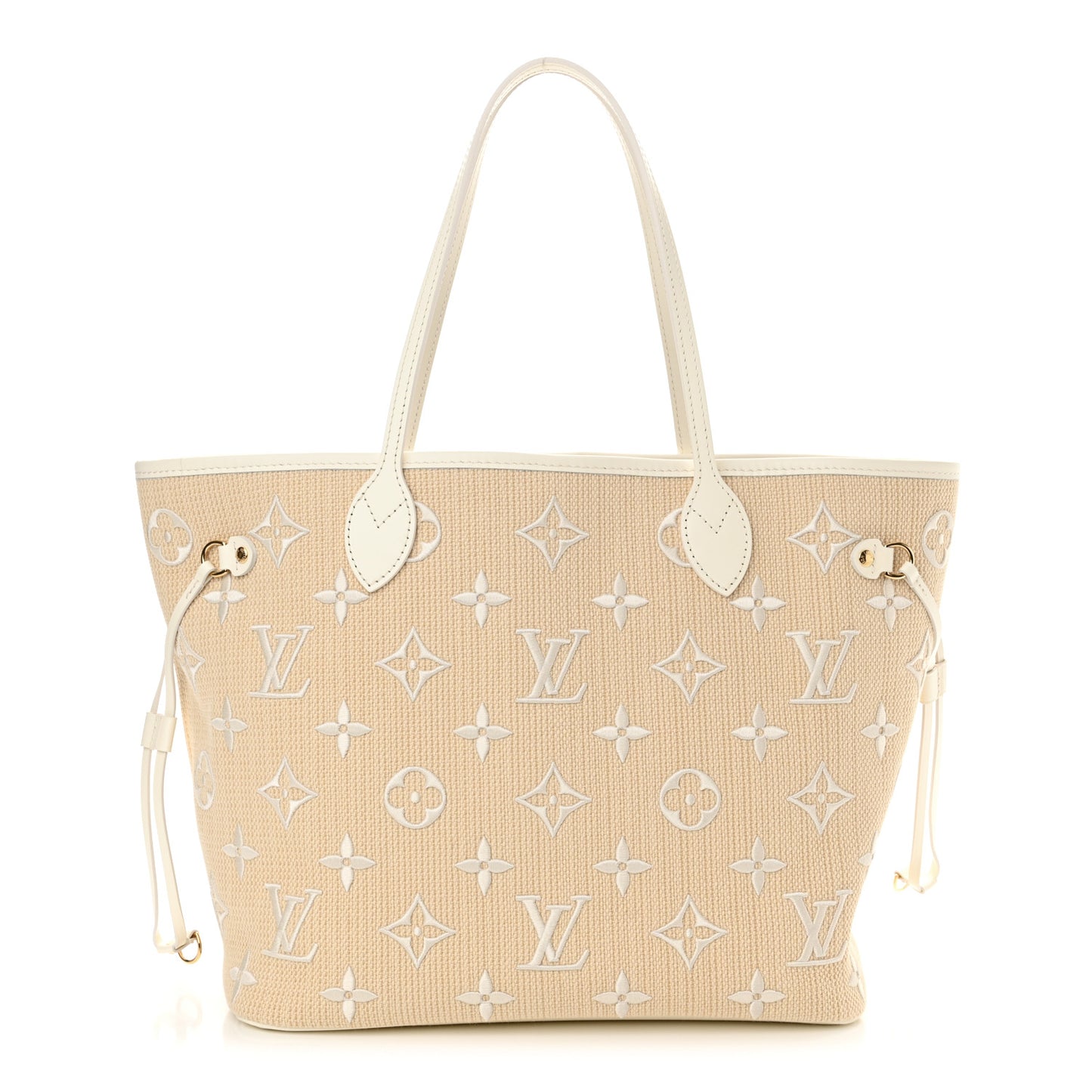 Cotton Monogram Embroidered Neverfull MM Beige White
