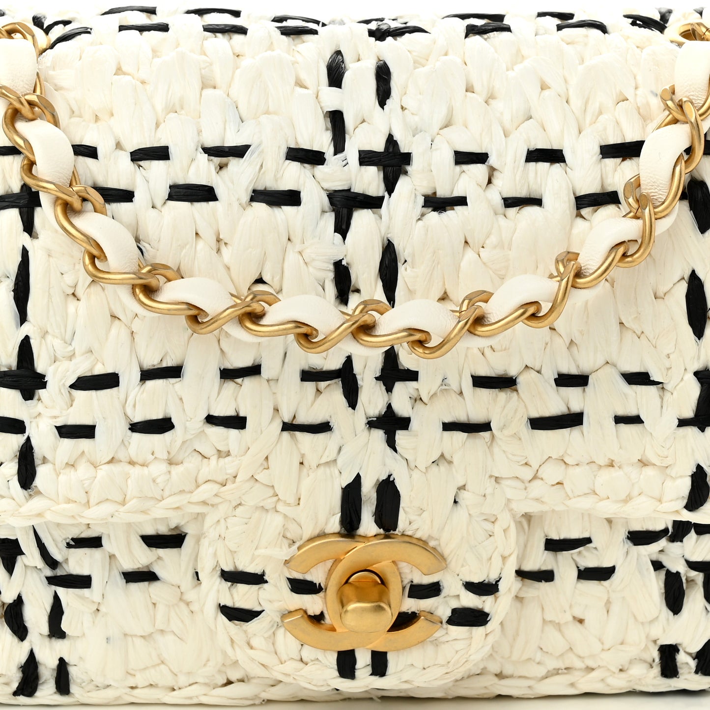 Raffia Effect Tweedy Mini Flap Bag White Black