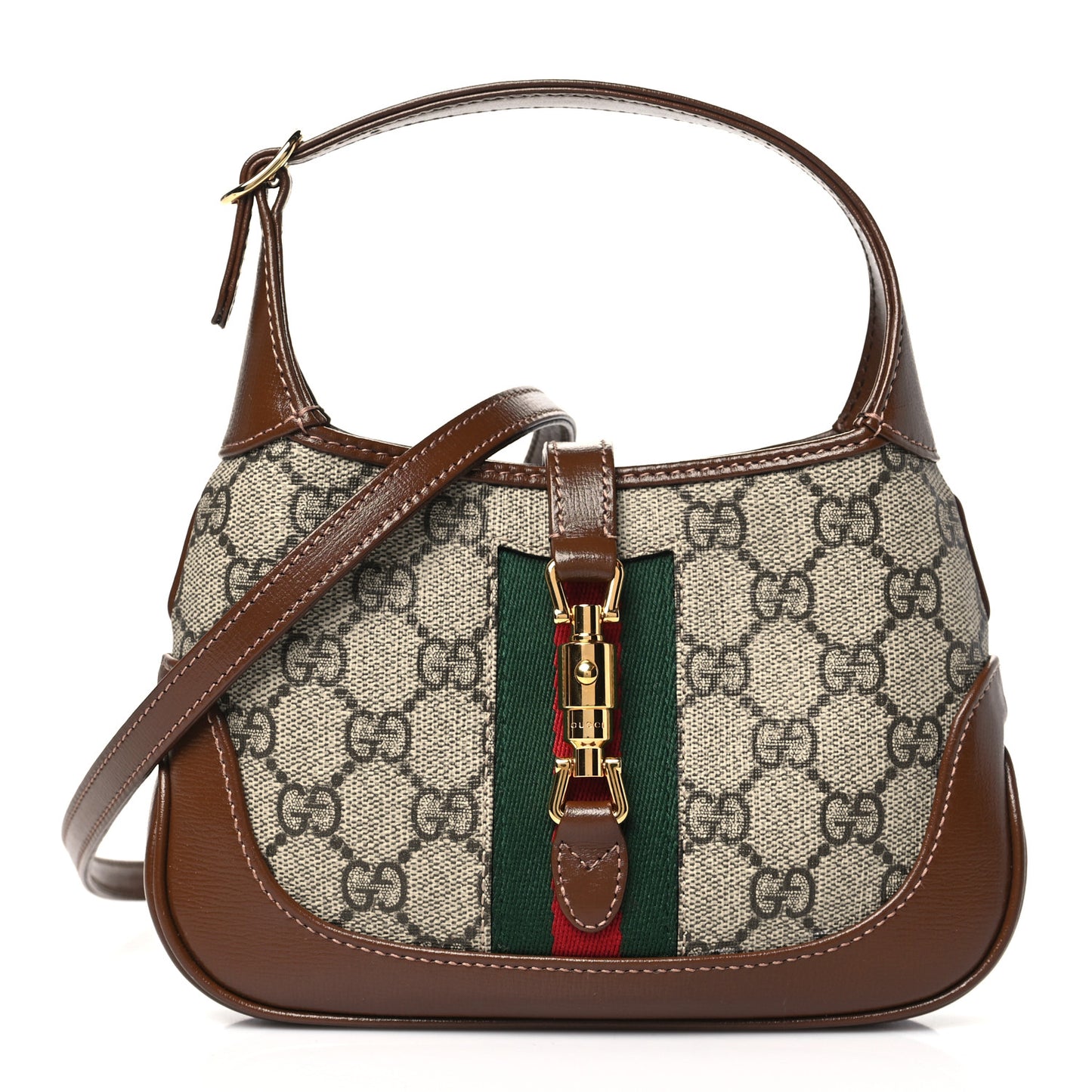 GG Supreme Monogram Azalea Calfskin Web Mini Jackie 1961 Hobo Beige Ebony Brown Sugar