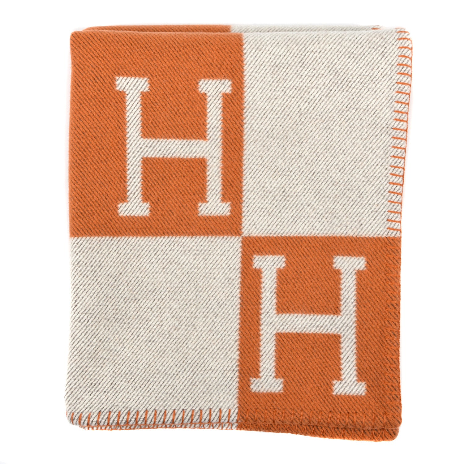 Hermes Wool Cashmere Signature Classic Avalon Blanket Ecru Potiron 1 of 3
