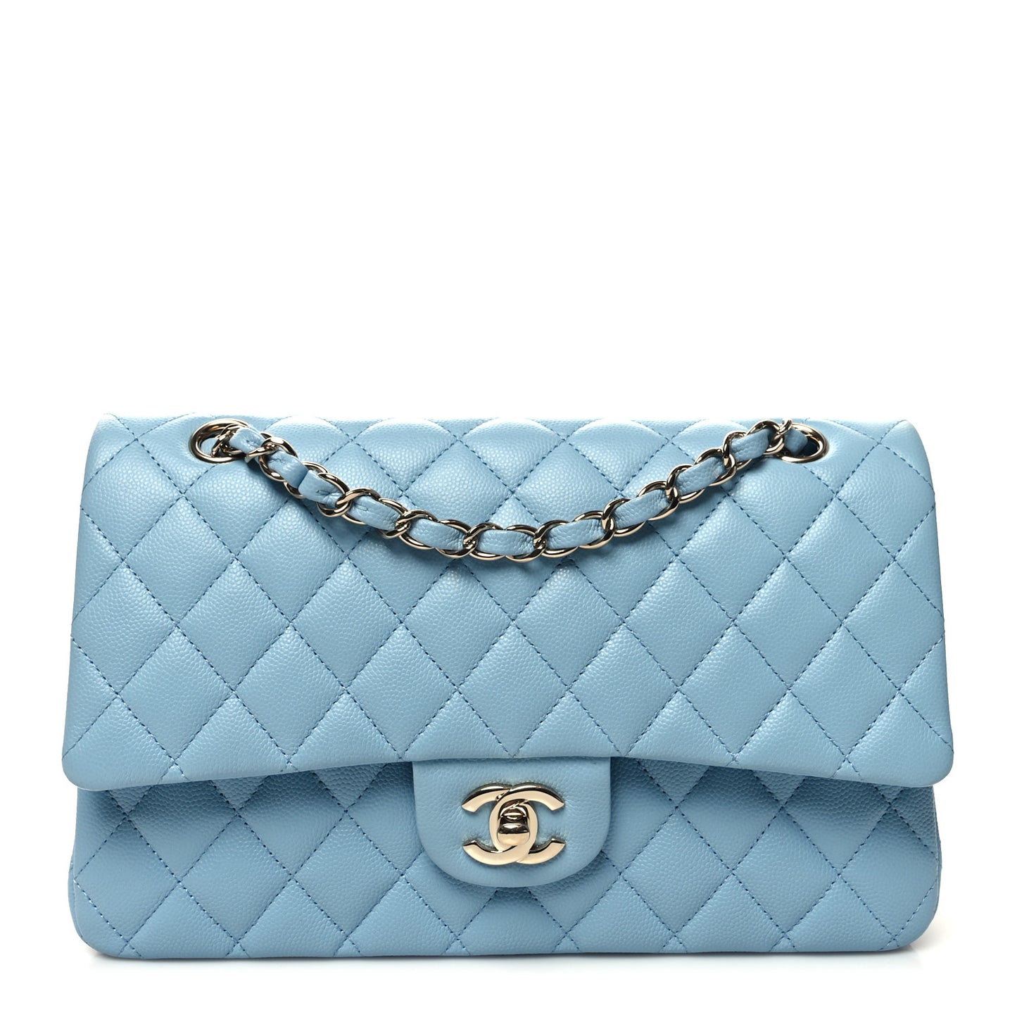 Caviar Quilted Medium Double Flap Light Blue