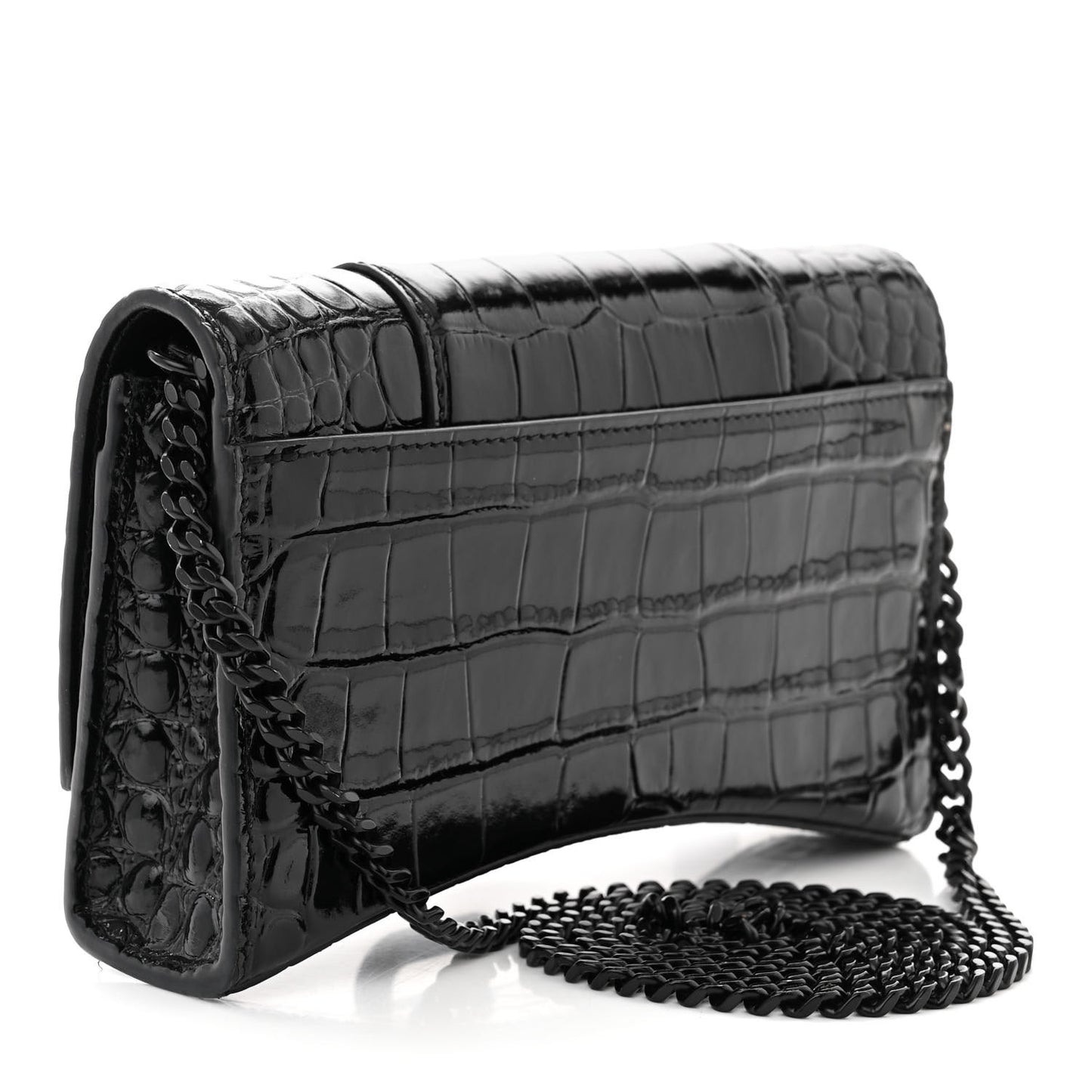 Shiny Calfskin Monochrome Crocodile Embossed Hourglass Chain Bag Black