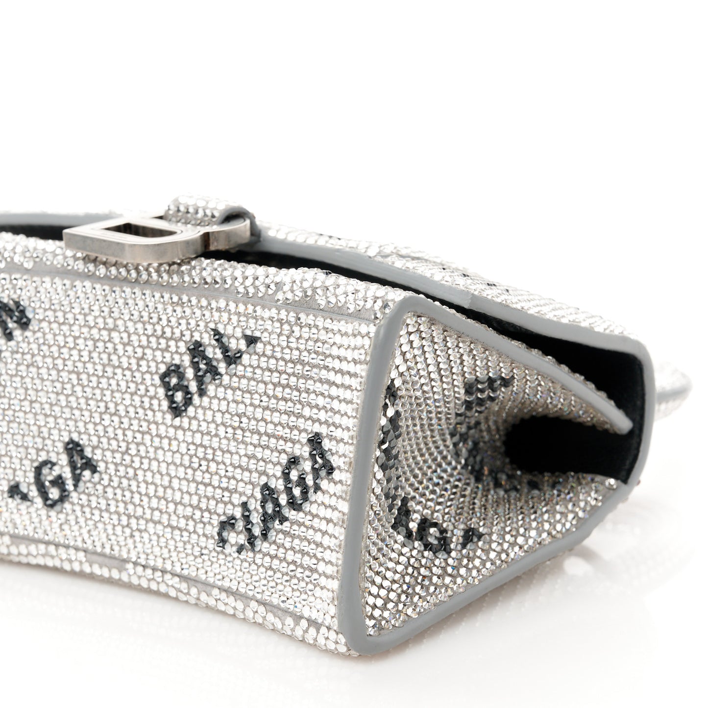 Strass Suede Allover Logo Hourglass Top Handle Bag XS with Chain Silver Black