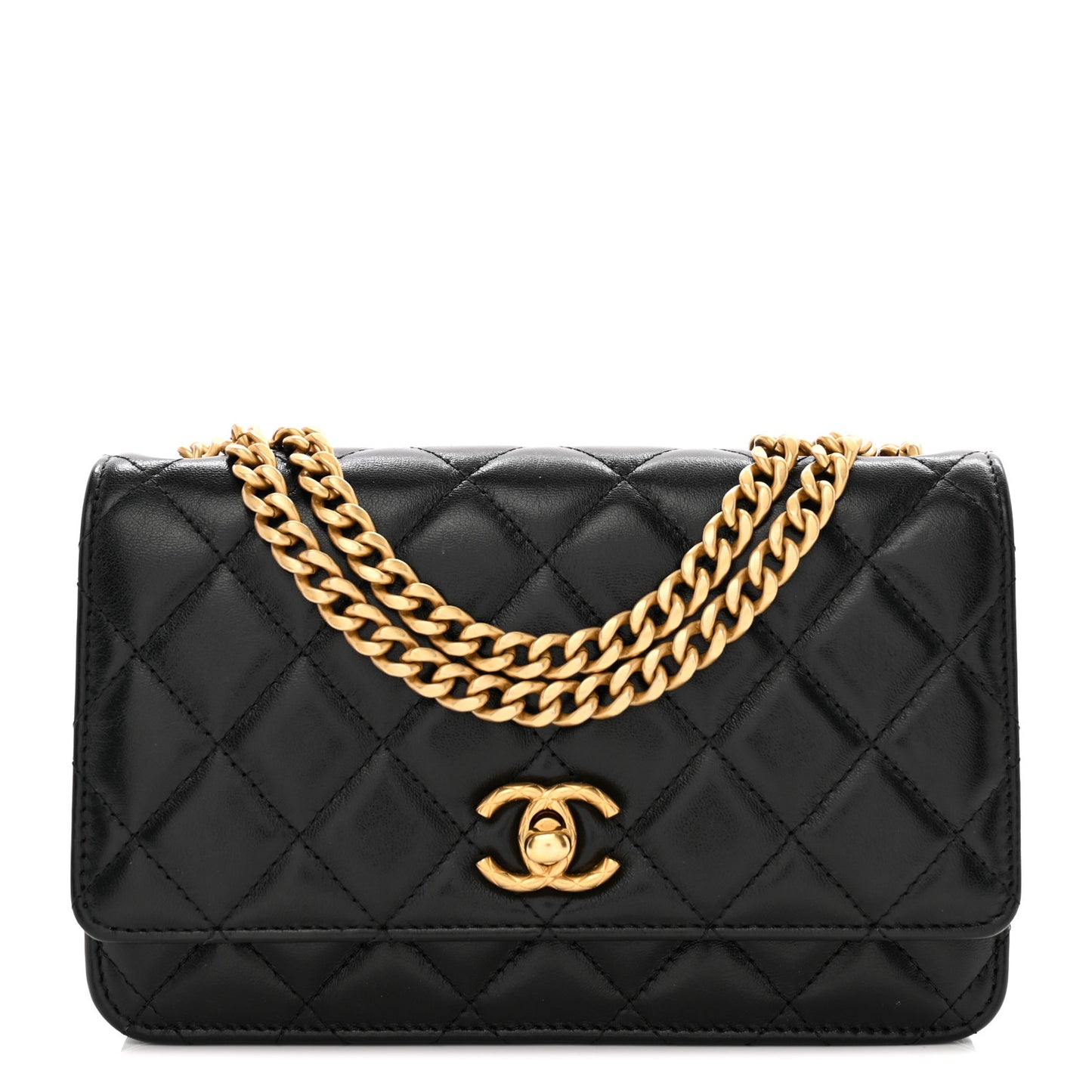 Shiny Lambskin Quilted Dynasty Wallet On Chain WOC Black