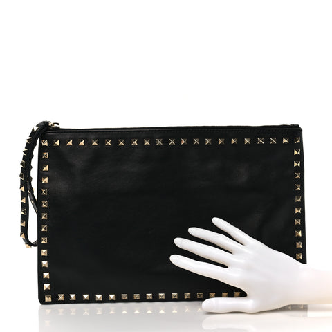 Vitello Large Rockstud Zip Wristlet Pouch Black