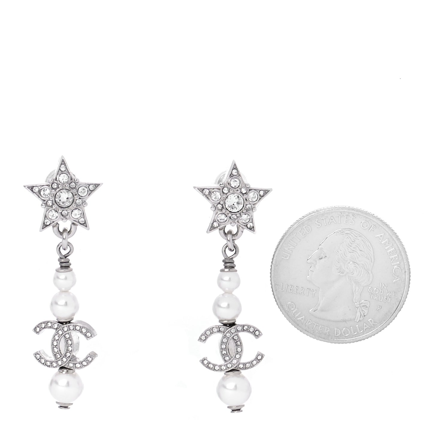 Crystal Pearl CC Star Drop Earrings Silver