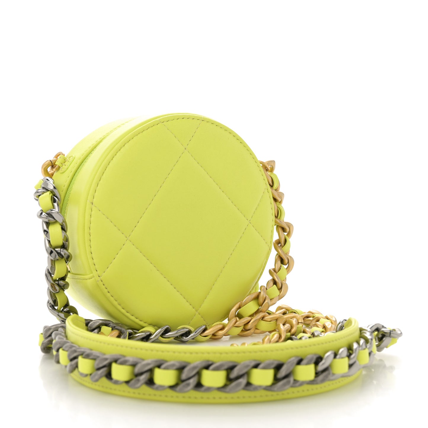 Lambskin Quilted Chanel 19 Round Clutch With Chain Yellow