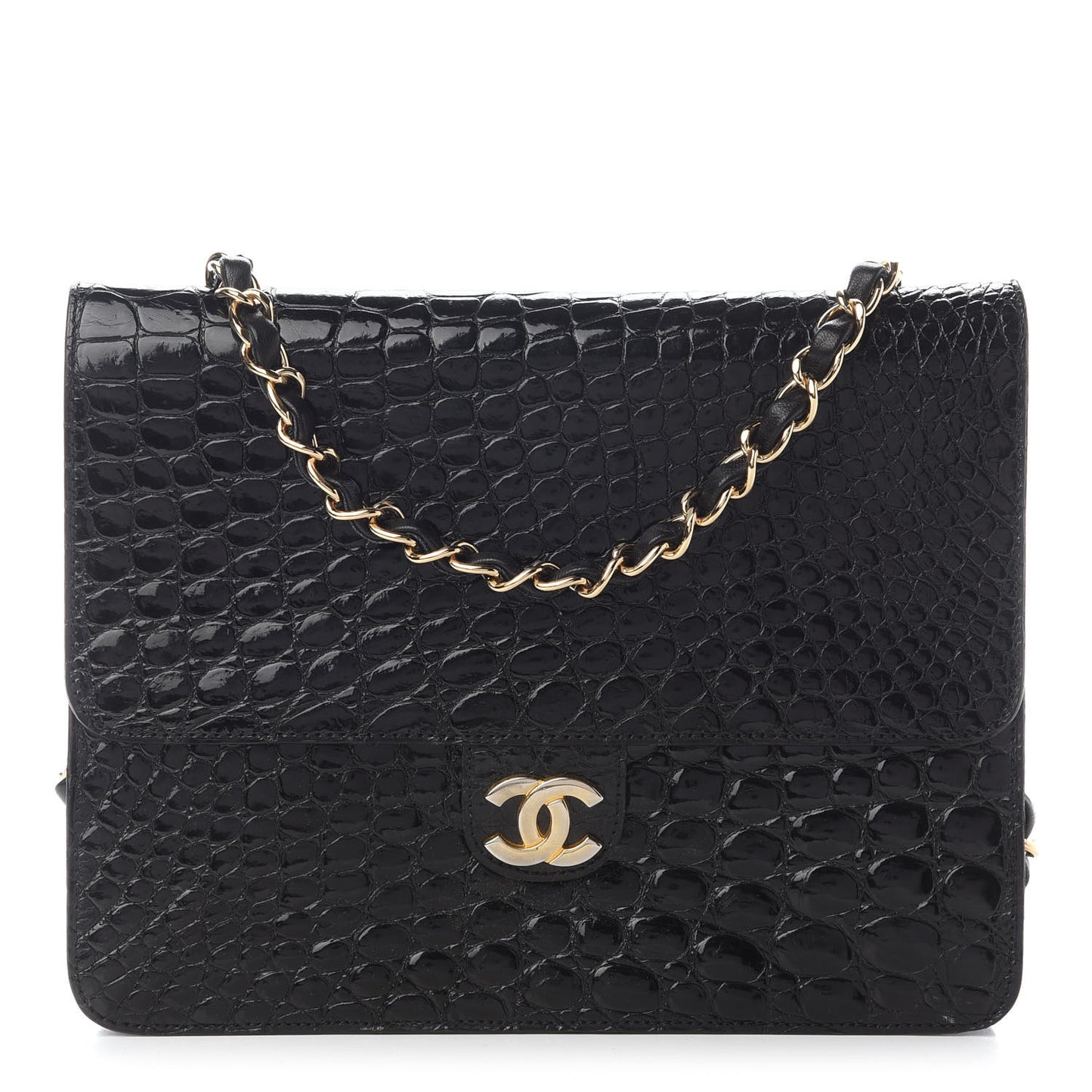 Shiny Crocodile Small Single Flap Black