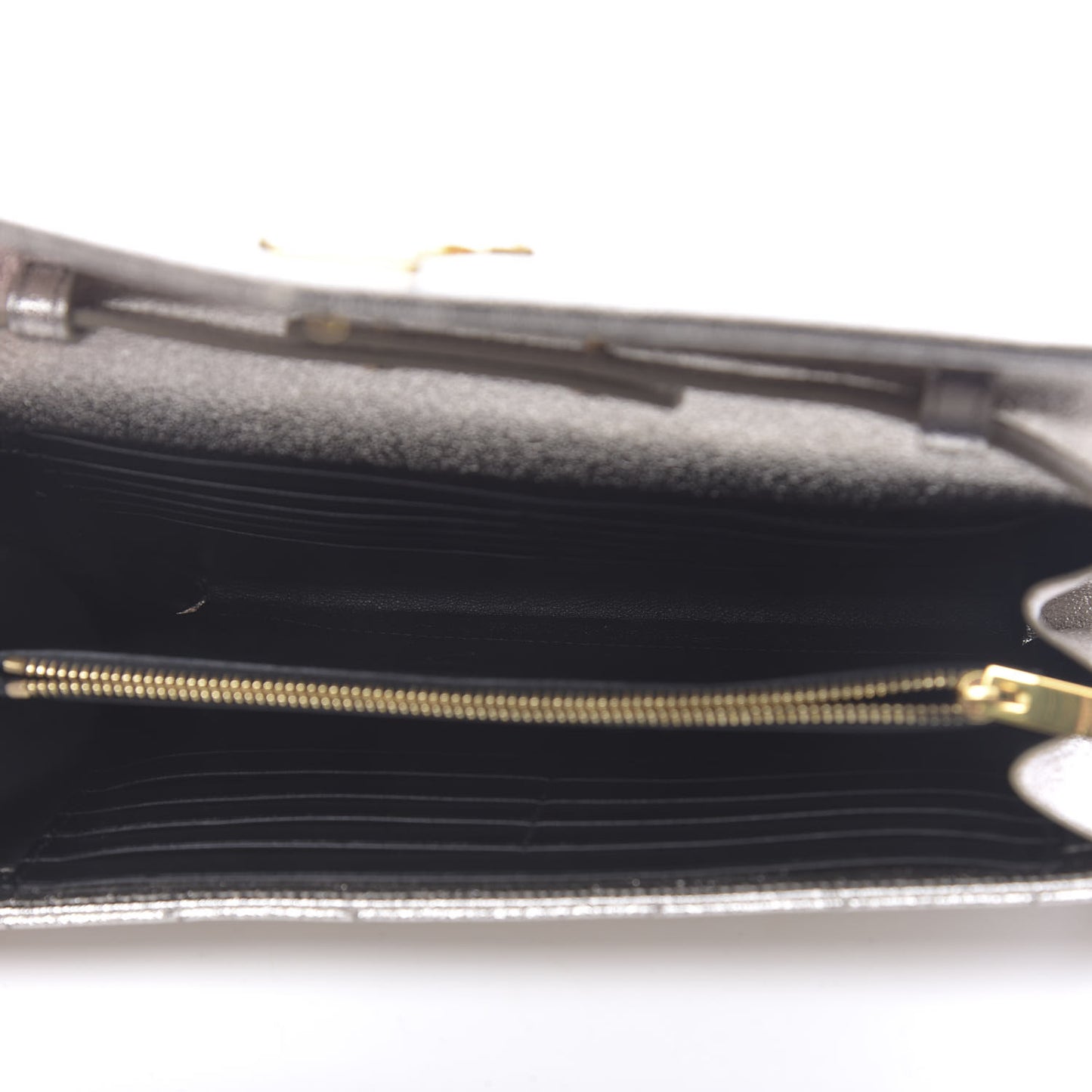 Metallic Crackled Calfskin Matelasse Chevron Monogram Chain Wallet Platine
