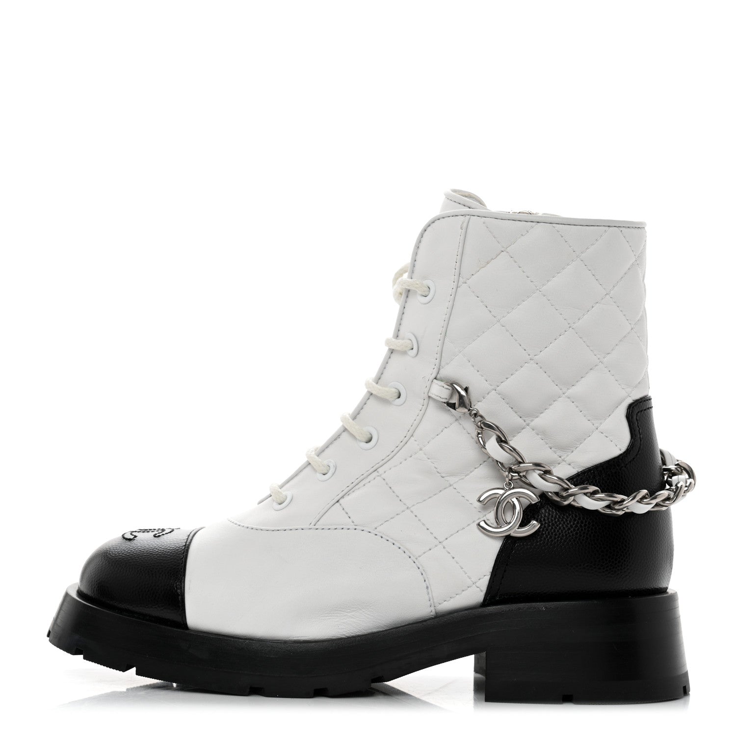 Chanel Caviar Calfskin Quilted Chain Lace Up Combat Boots 35.5 White Black 1 of 9
