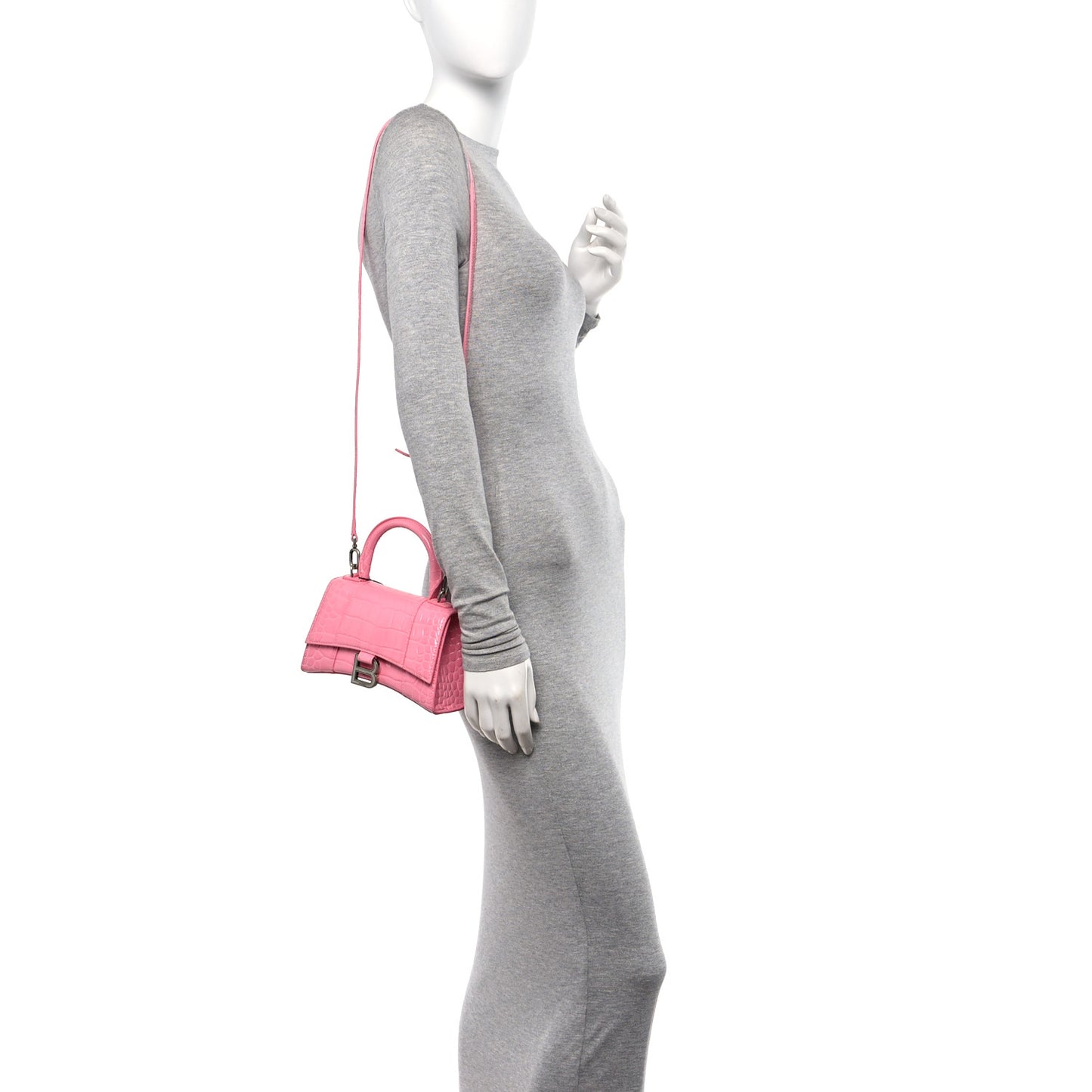 Shiny Calfskin Crocodile Embossed Hourglass Top Handle Bag XS Sweet Pink