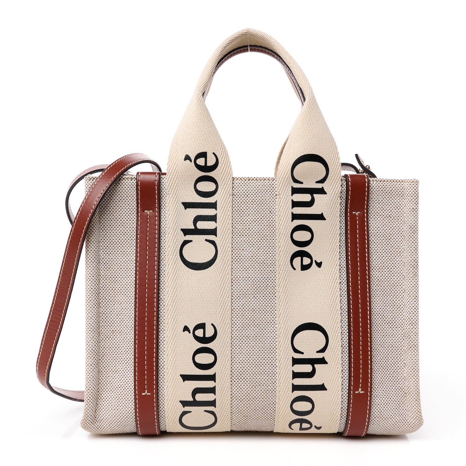Chloe Cotton Calfskin Small Woody Ribbon Tote With Strap White Brown 1 of 14
