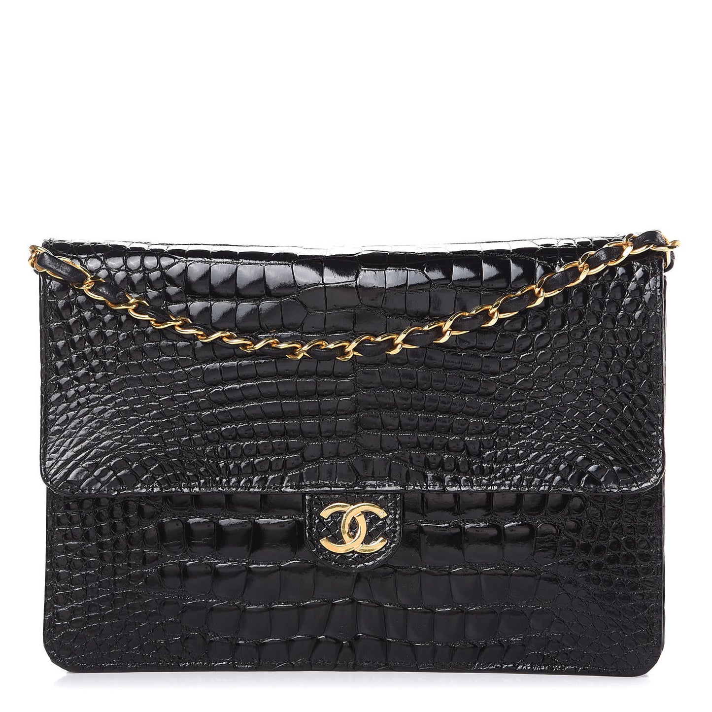 Shiny Crocodile Small Single Flap Black