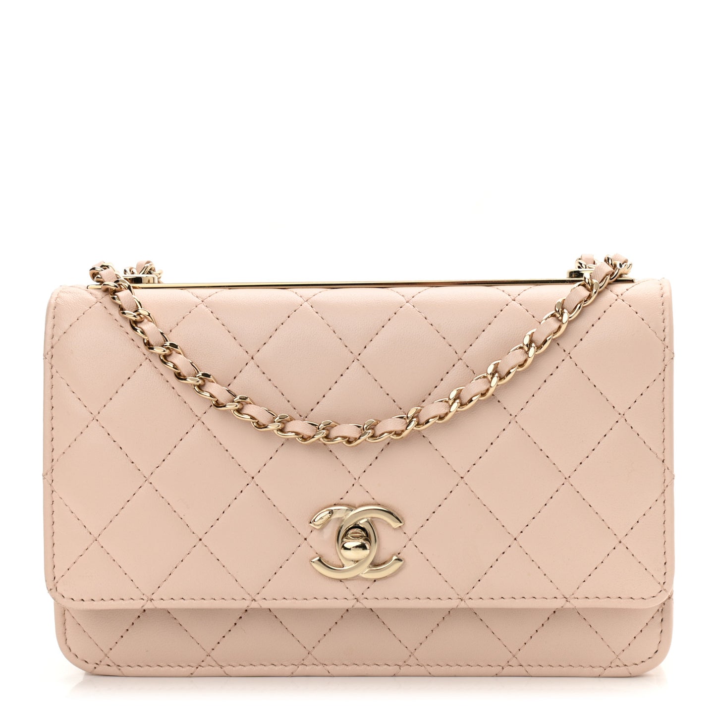Lambskin Quilted Trendy CC Wallet On Chain WOC Light Beige