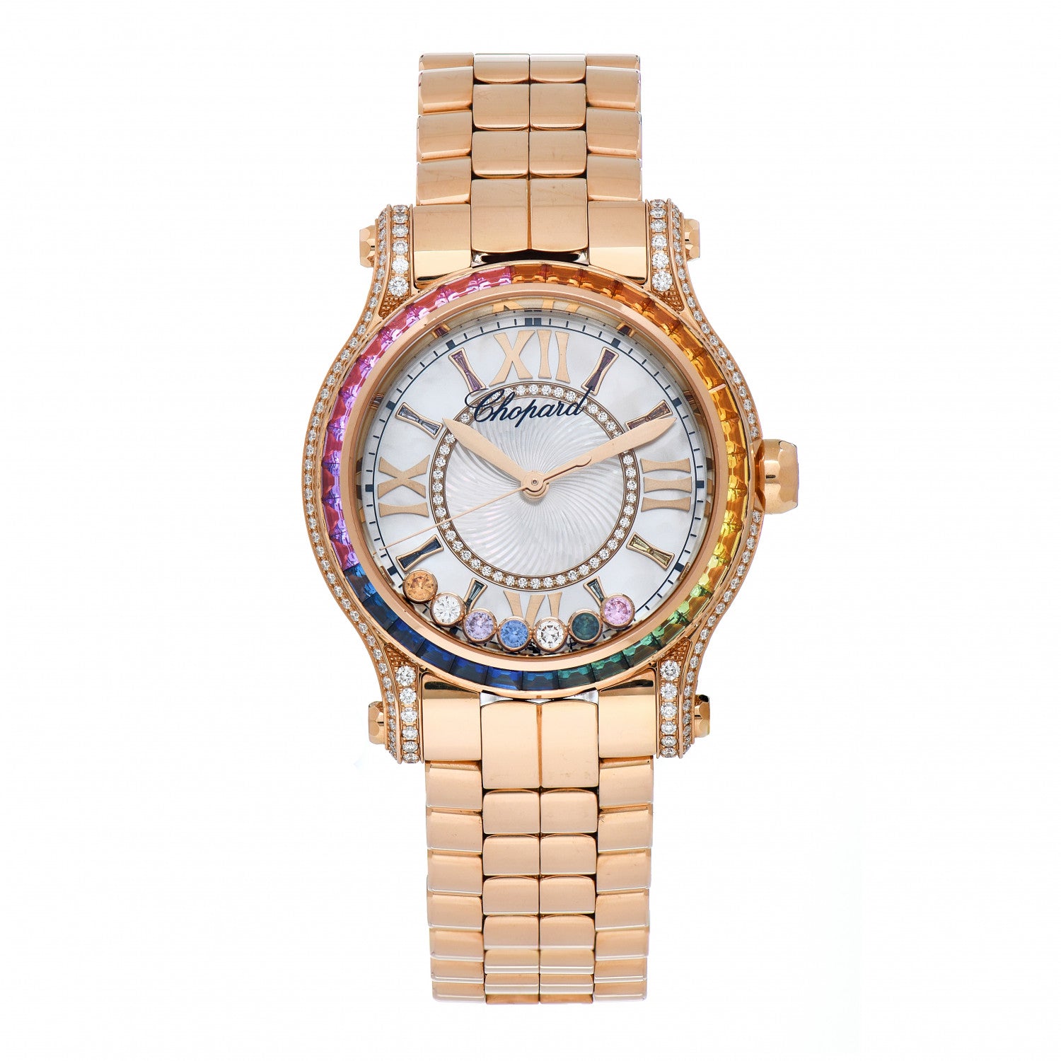 Chopard 18K Rose Gold Diamond Mother of Pearl Multicolor Sapphire 36mm Happy Sport Automatic Watch 1 of 6