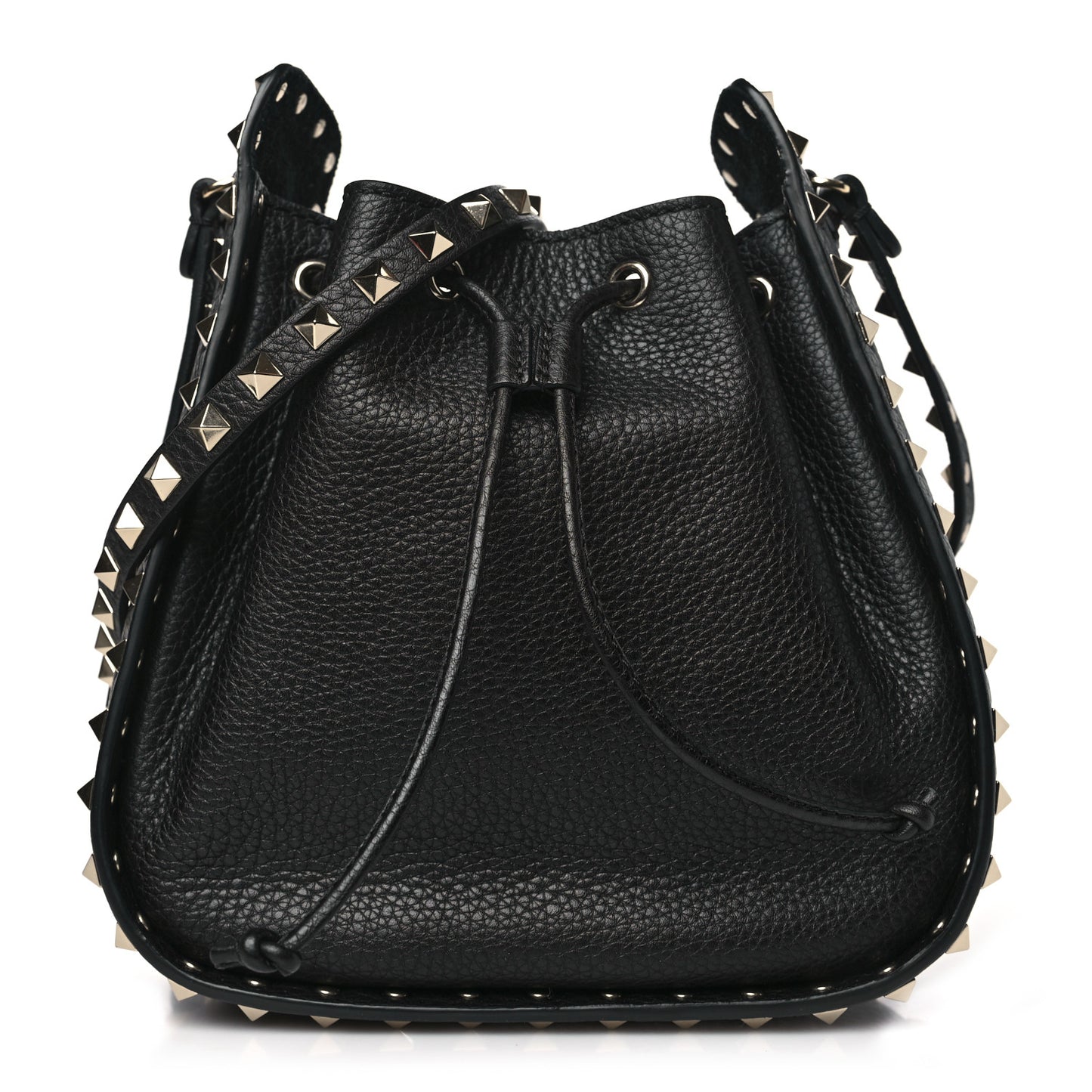 Grained Calfskin Rockstud Bucket Bag Black