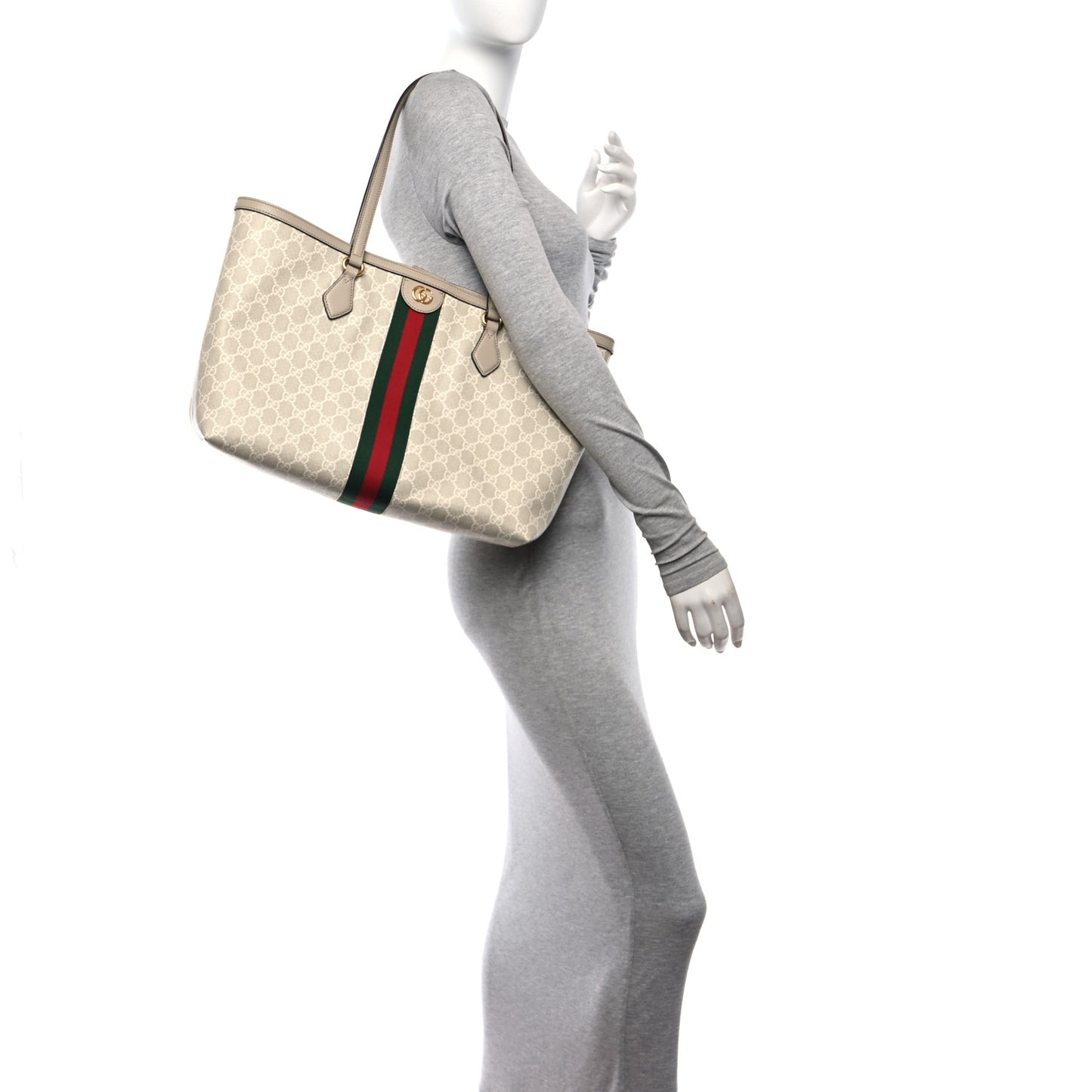 GG Supreme Monogram Textured Dollar Calfskin Web Medium Ophidia Shopping Tote Beige Mystic White Oatmeal