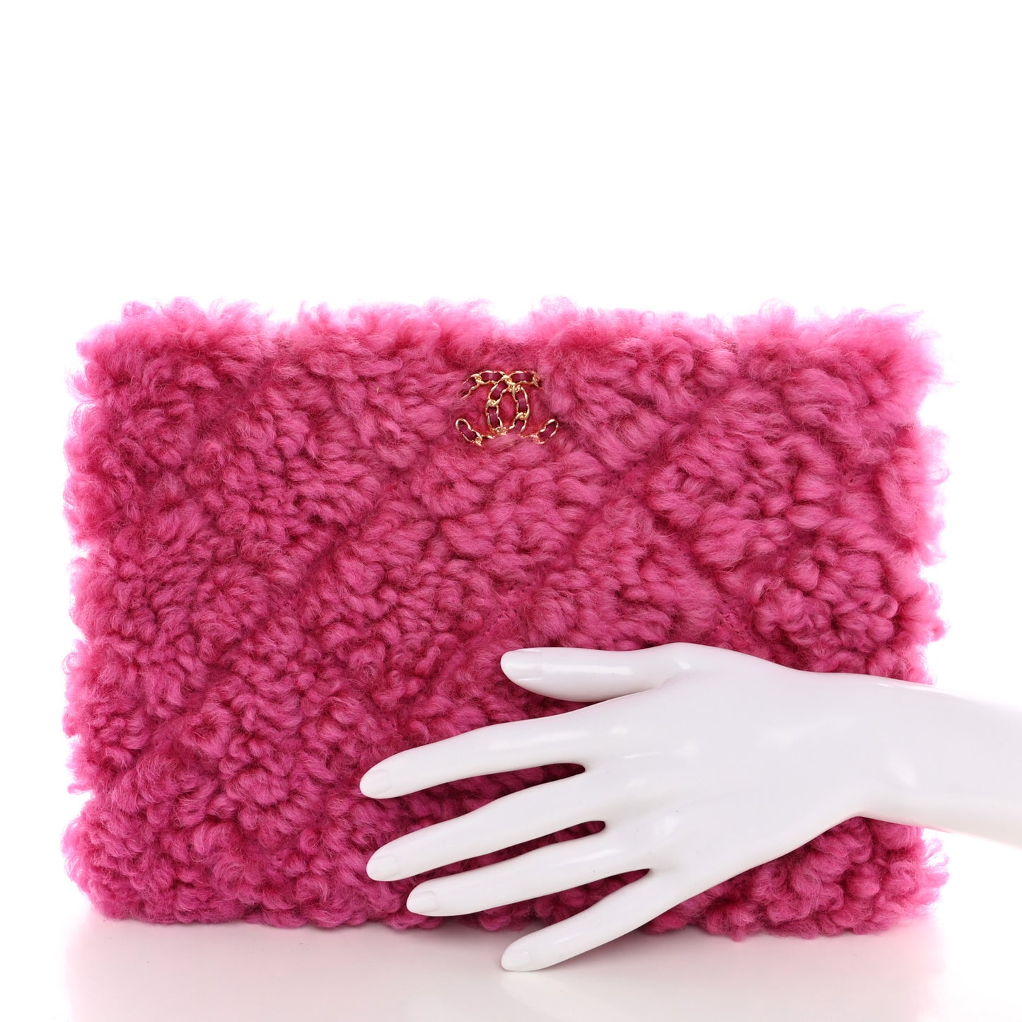 Shearling Sheepskin Large Chanel 19 Cosmetic Case Pink