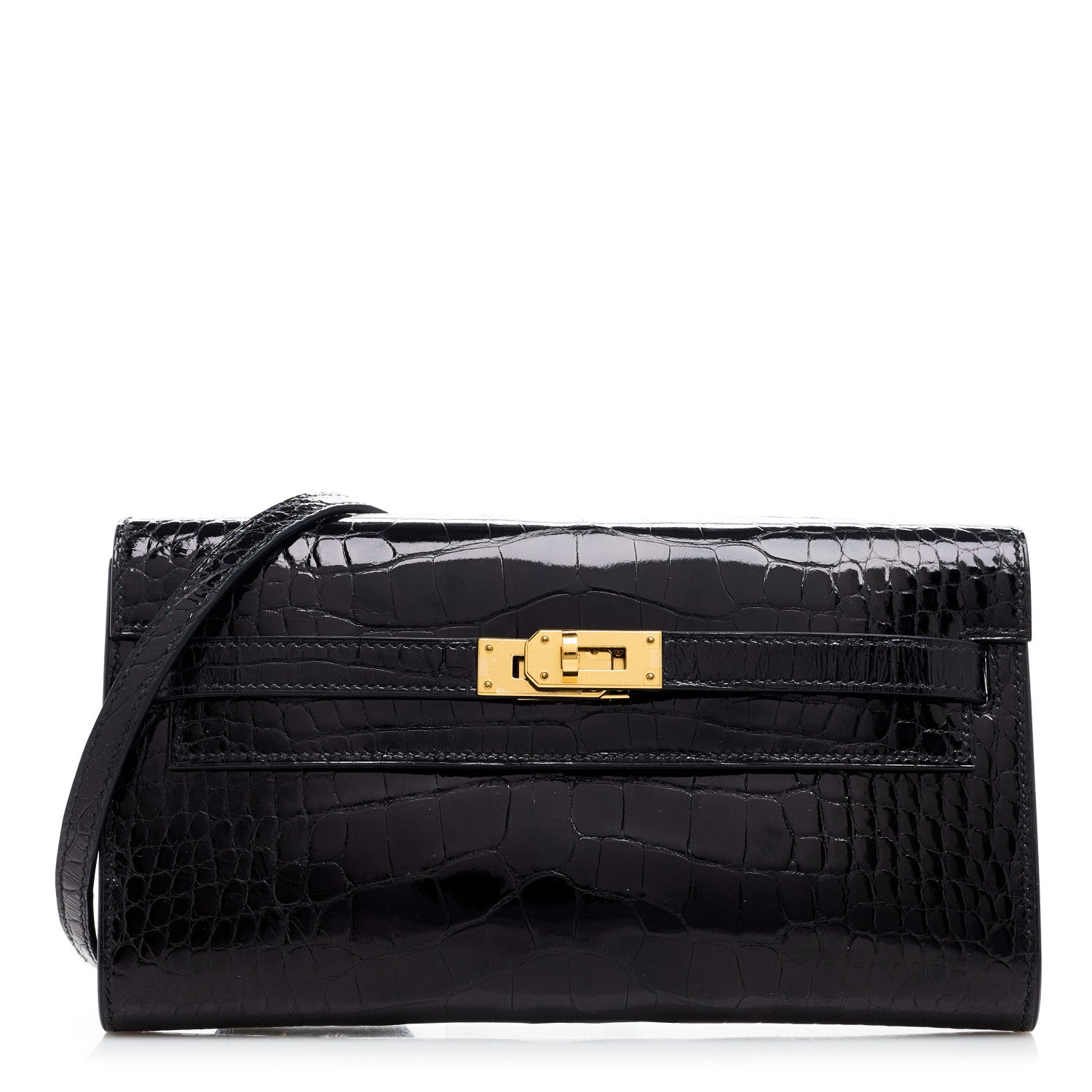 Hermes Shiny Alligator Kelly Wallet To Go Black 1 of 10