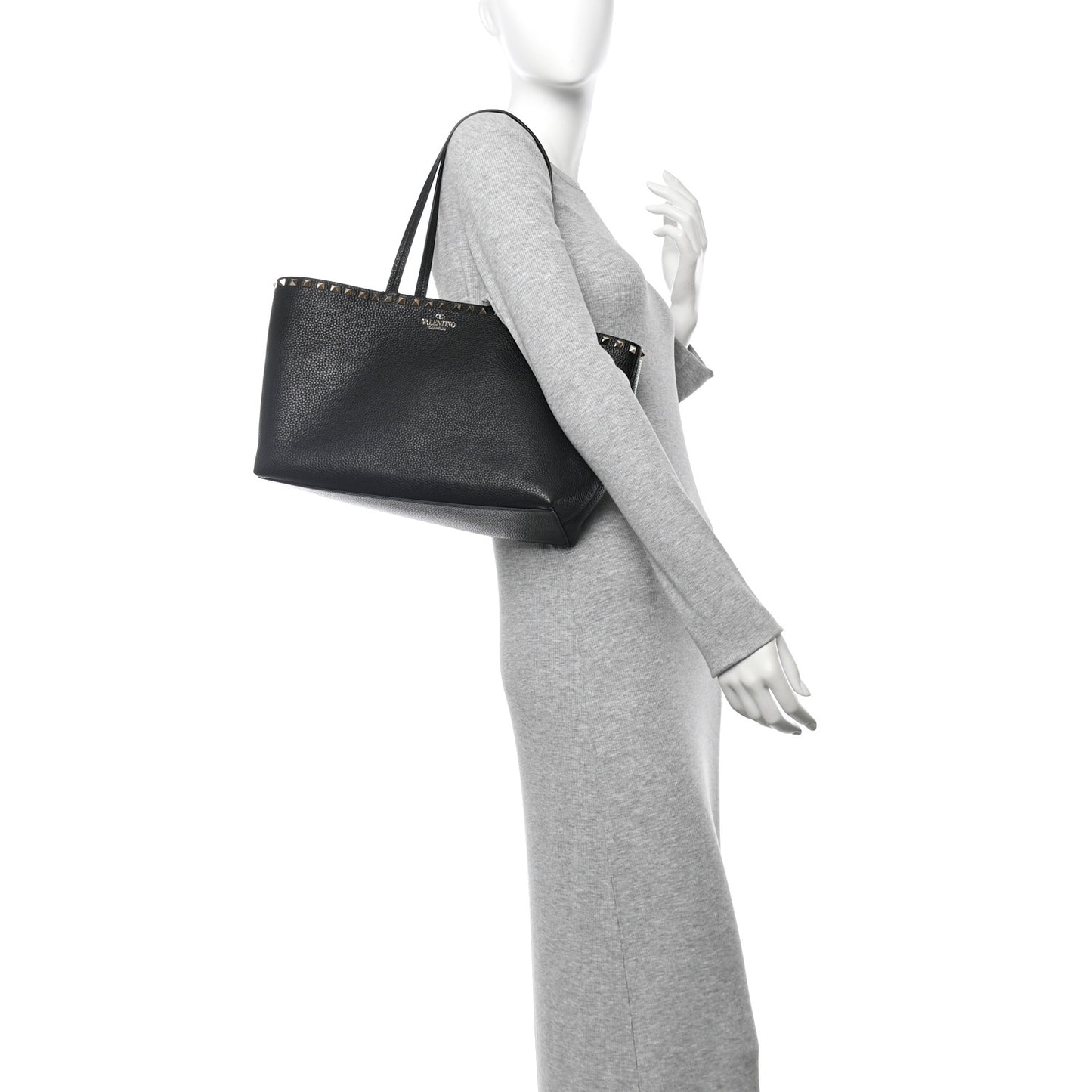 Grained Calfskin Rockstud Shoulder Tote Black