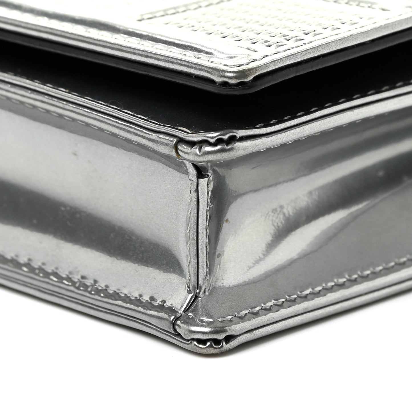 Metallic Patent Micro-Cannage Diorama Wallet on Chain Pouch Silver