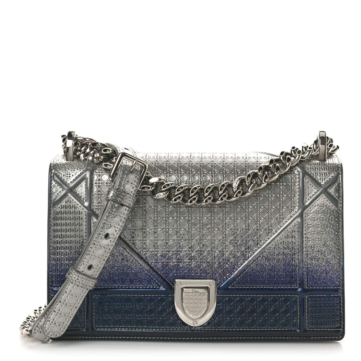 Metallic Patent Micro-Cannage Gradient Small Diorama Flap Bag Silver Blue