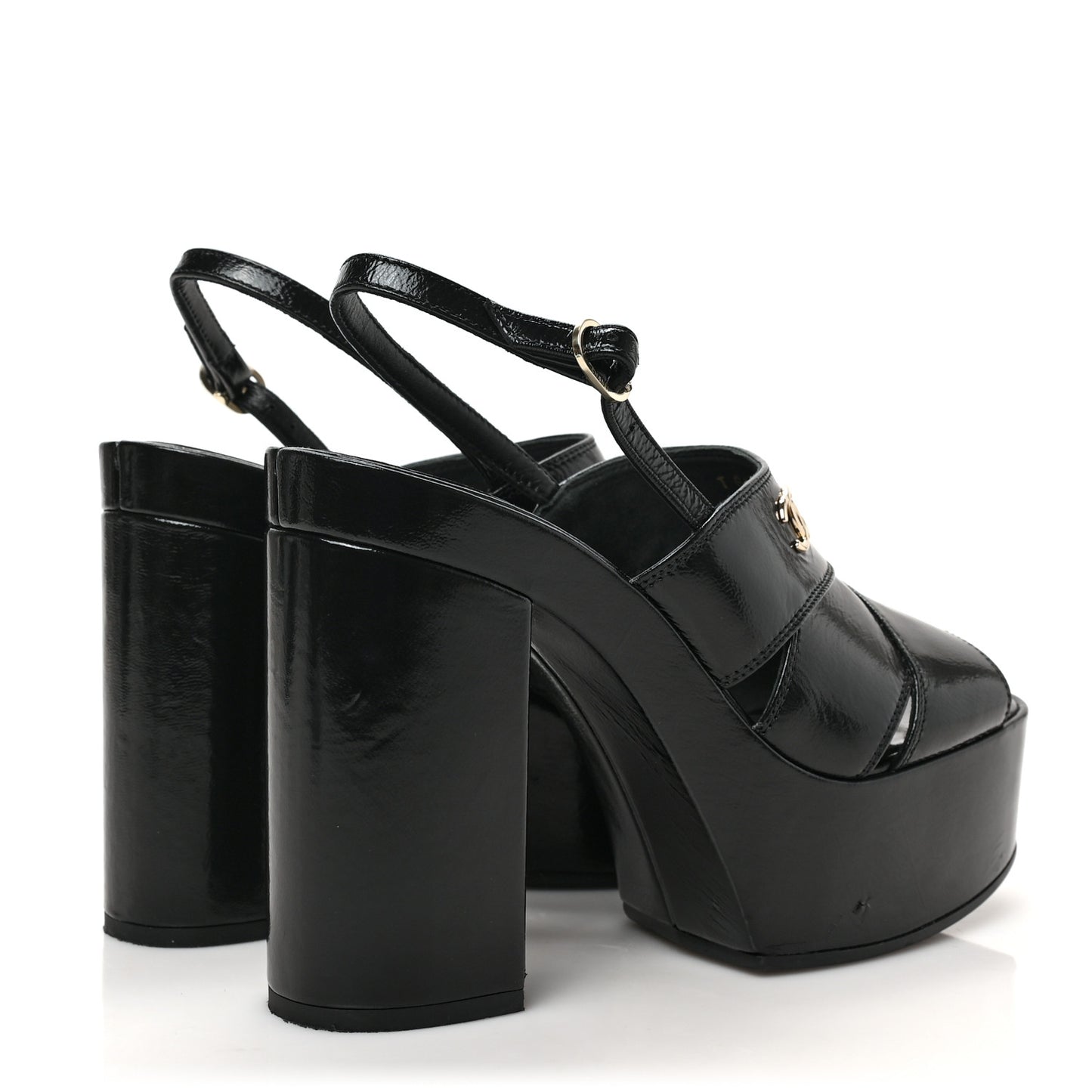 Crumpled Patent Lambskin Platform Sandals 38.5 Black