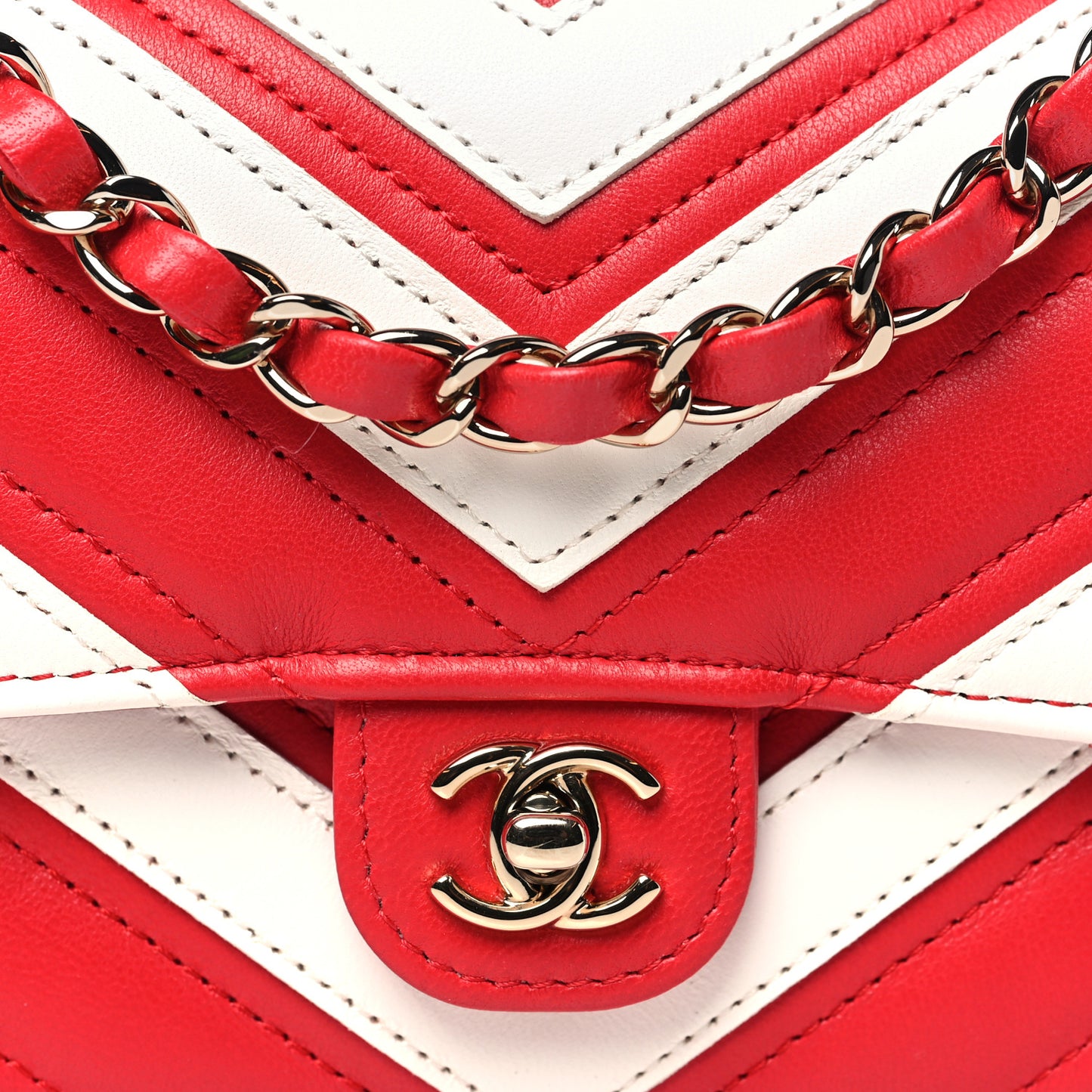 Lambskin Chevron Stitched Flap White Red