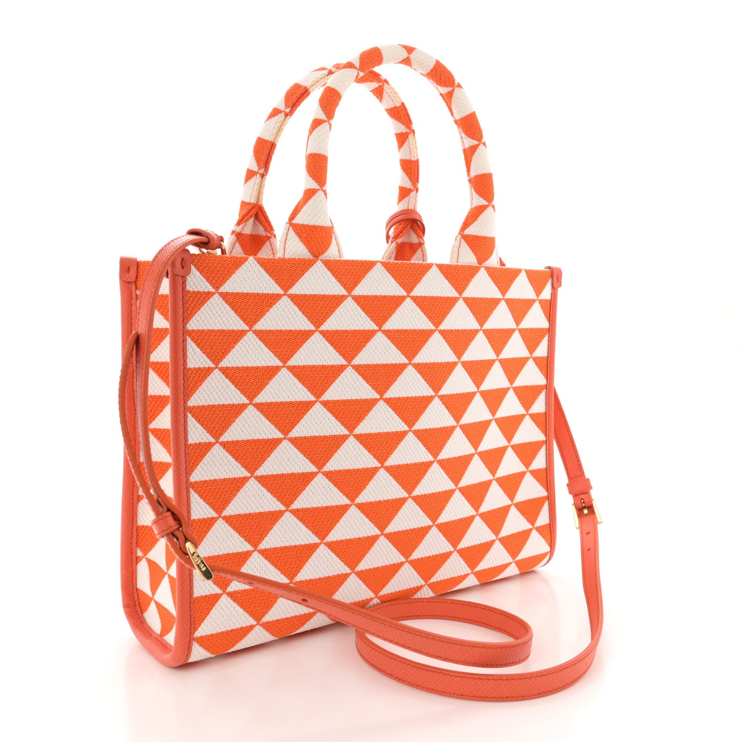 Jacquard Saffiano Triangolo Symbole Embroidered Small Tote Arancio White