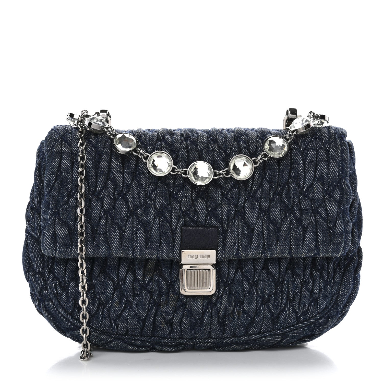 Miu Miu Denim Matelasse Crystal Chain Crossbody Bag Blue 1833005