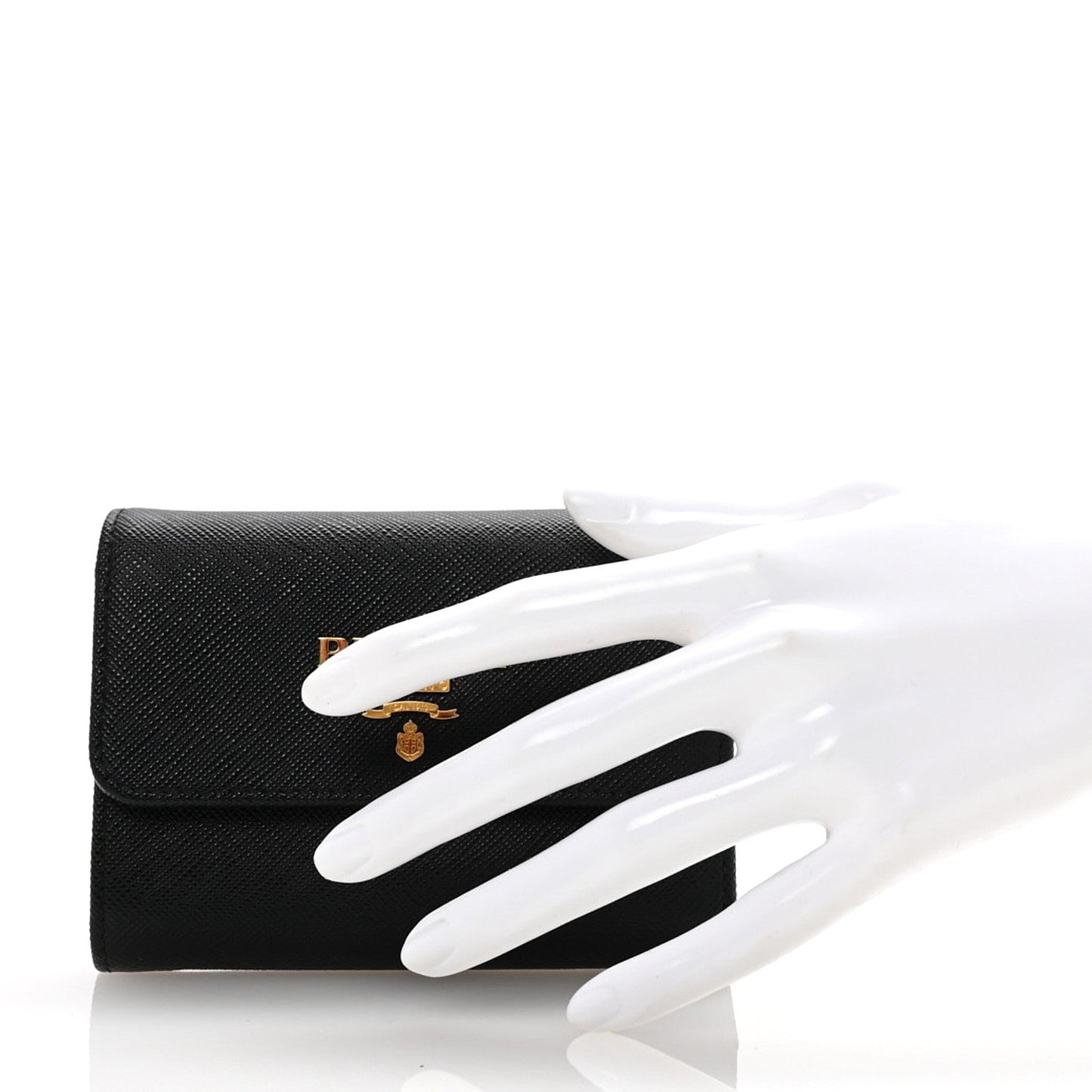 Saffiano Metal Tri-Fold Wallet Black Hibiscus
