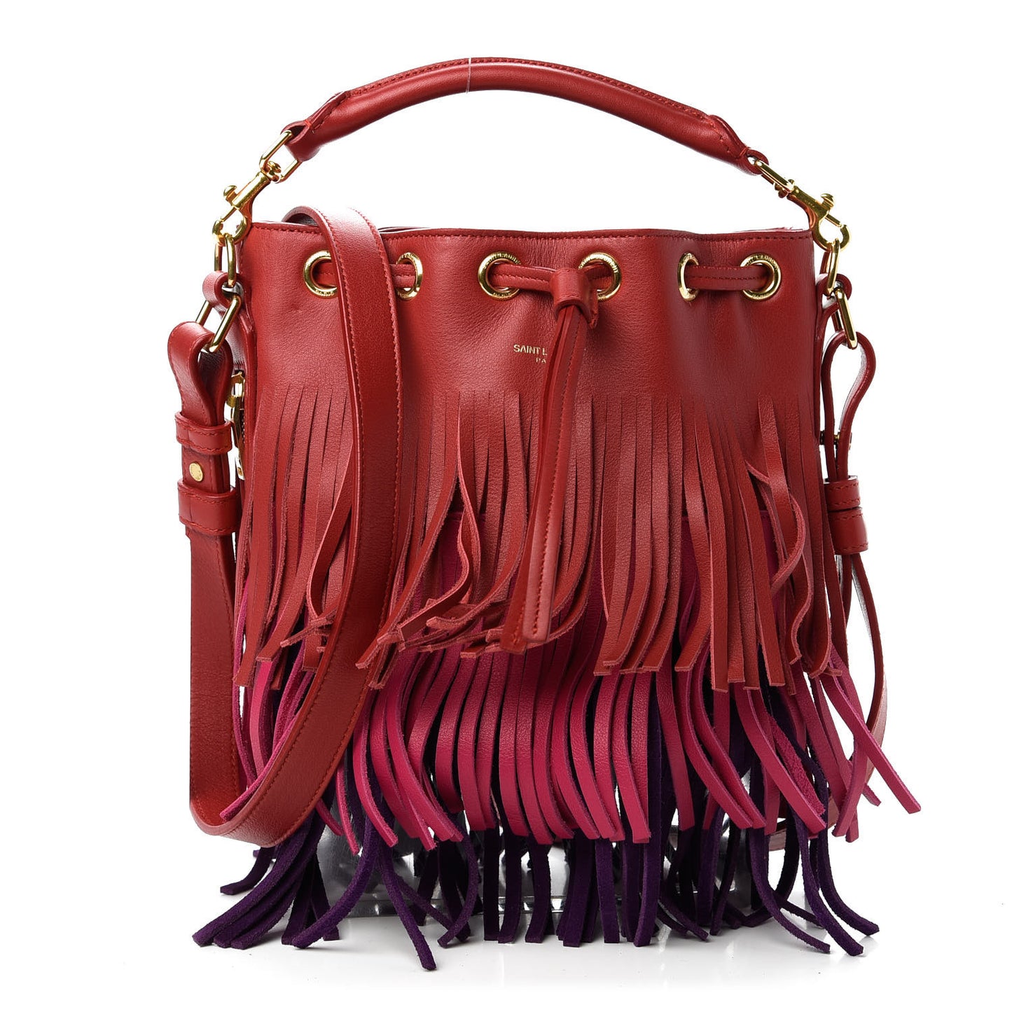 Calfskin Tri-Color Small Emmanuelle Fringe Bucket Bag Red Bubblegum Purple
