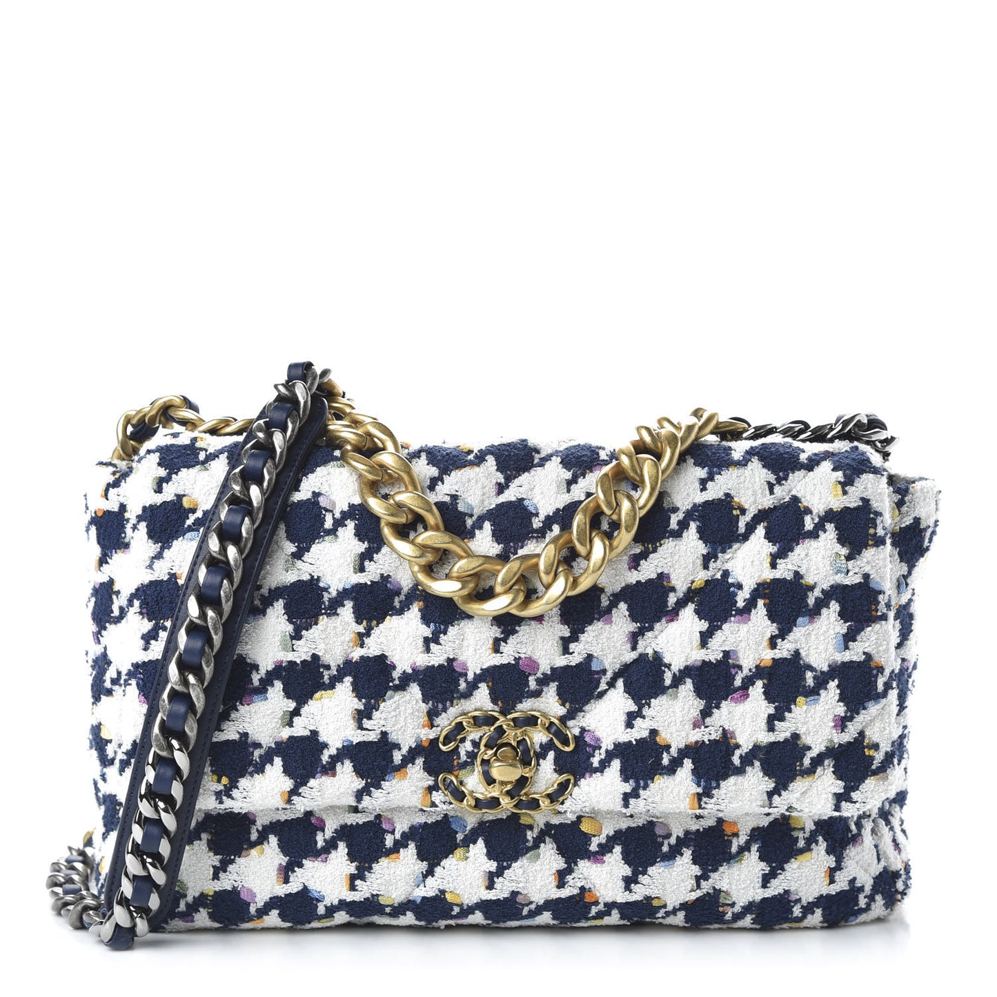 Tweed Quilted Large 19 Flap Ecru Navy Blue Multicolor