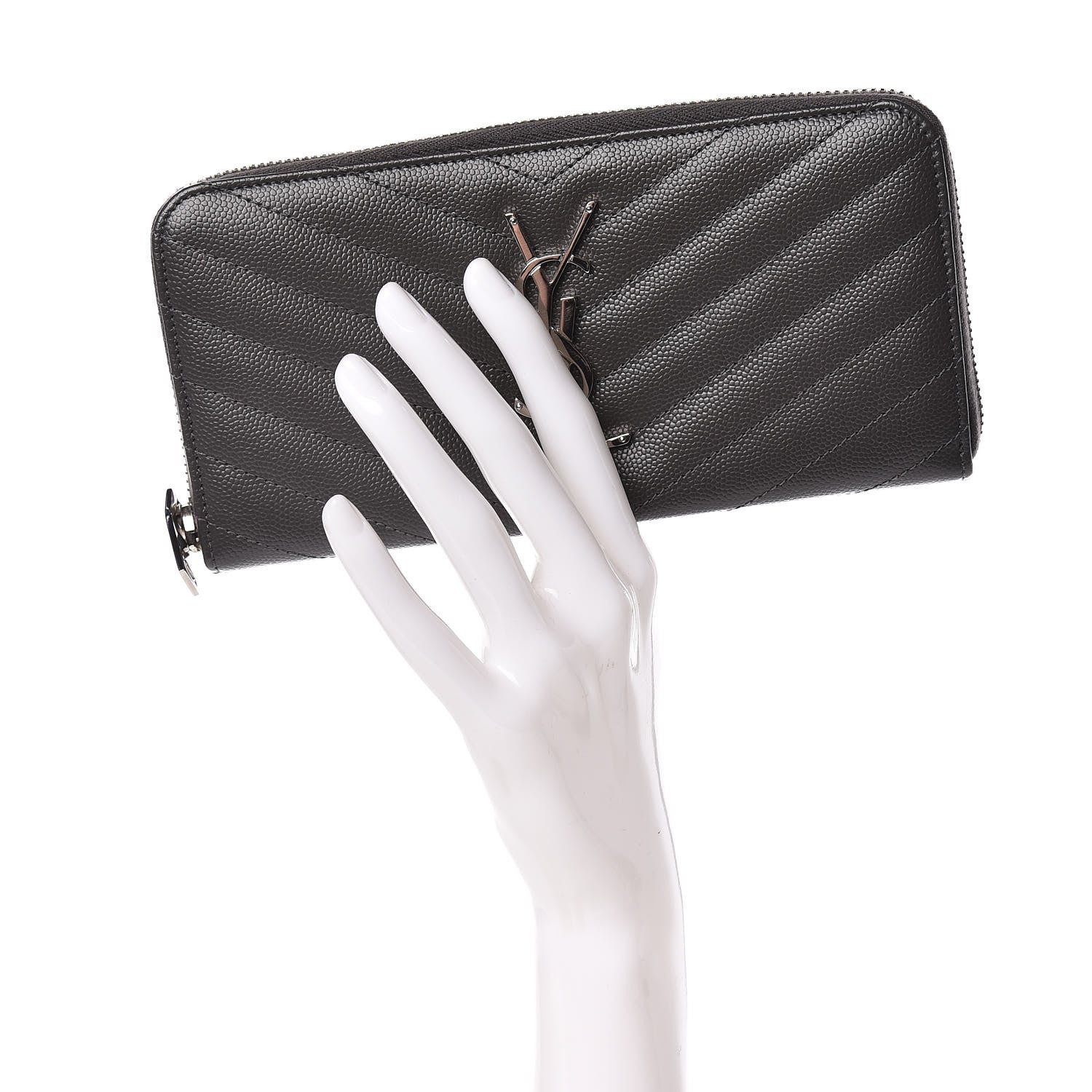 Saint Laurent Grain De Poudre Matelasse Chevron Monogram Zip Around Wallet Coal 2 of 9