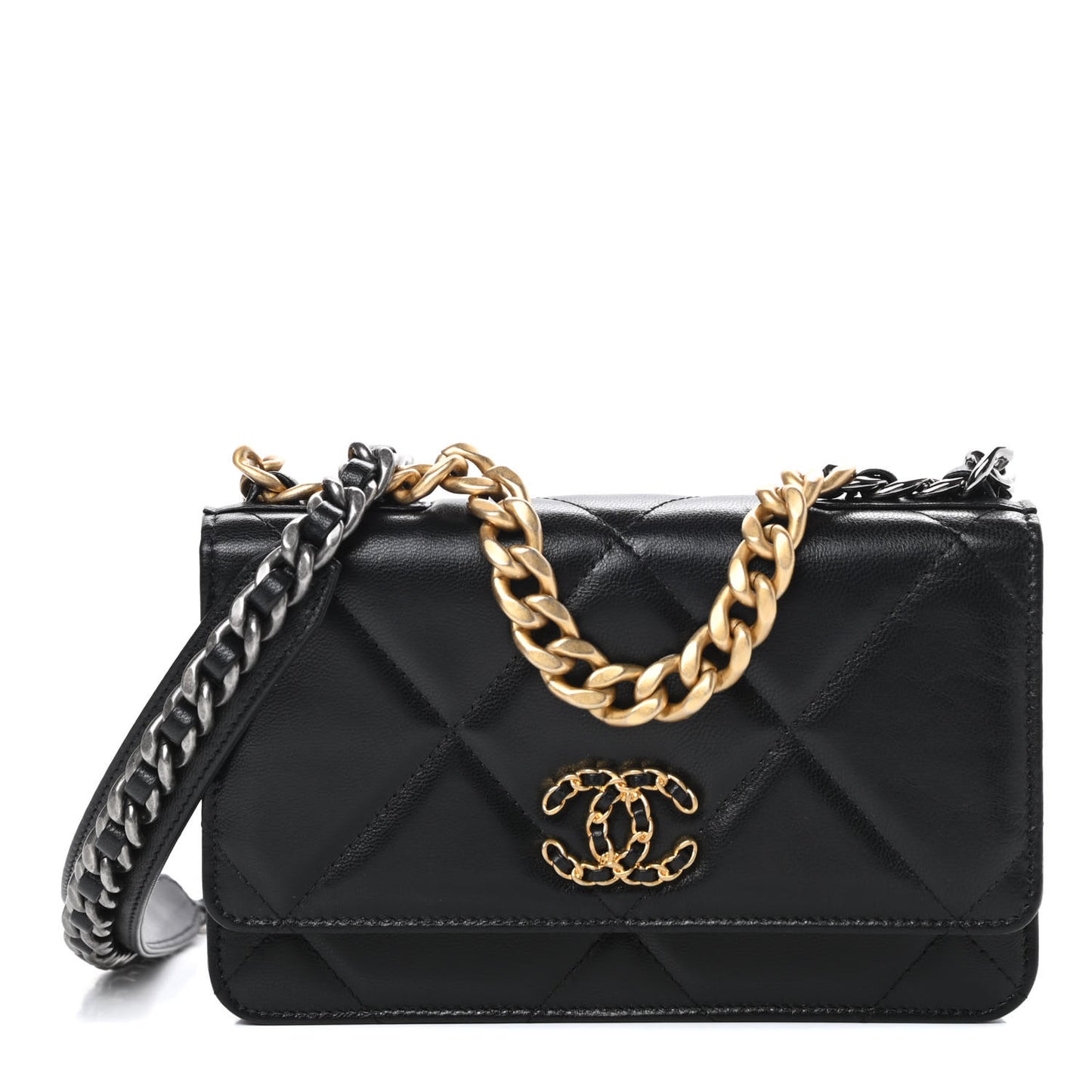 Shiny Goatskin Quilted Chanel 19 Wallet On Chain WOC Black
