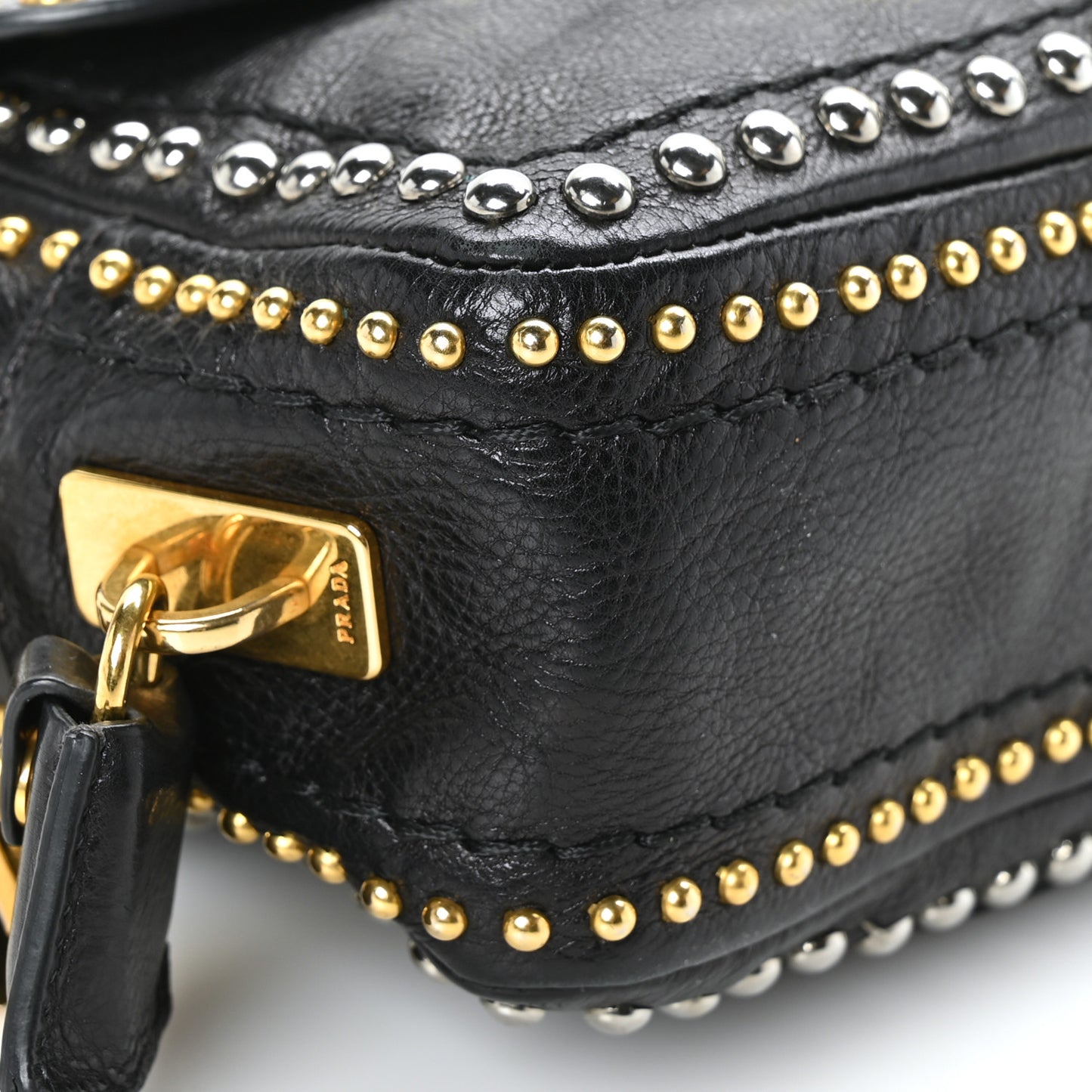 Glace Calf Studded Pushlock Chain Shoulder Bag Black