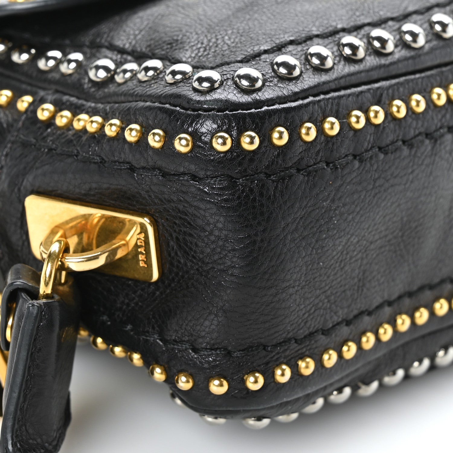 Prada Glace Calf Studded Pushlock Chain Shoulder Bag Black 7 of 8