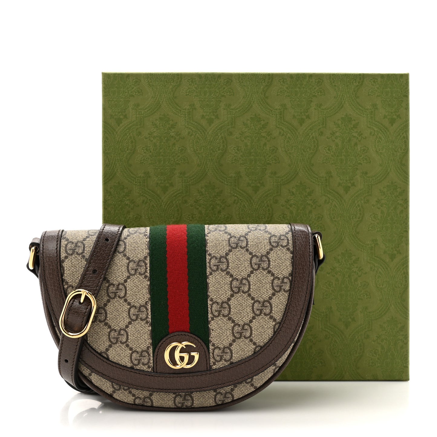 GG Supreme Monogram Textured Dollar Calfskin Web Mini Ophidia Flap Shoulder Bag Beige Ebony New Acero