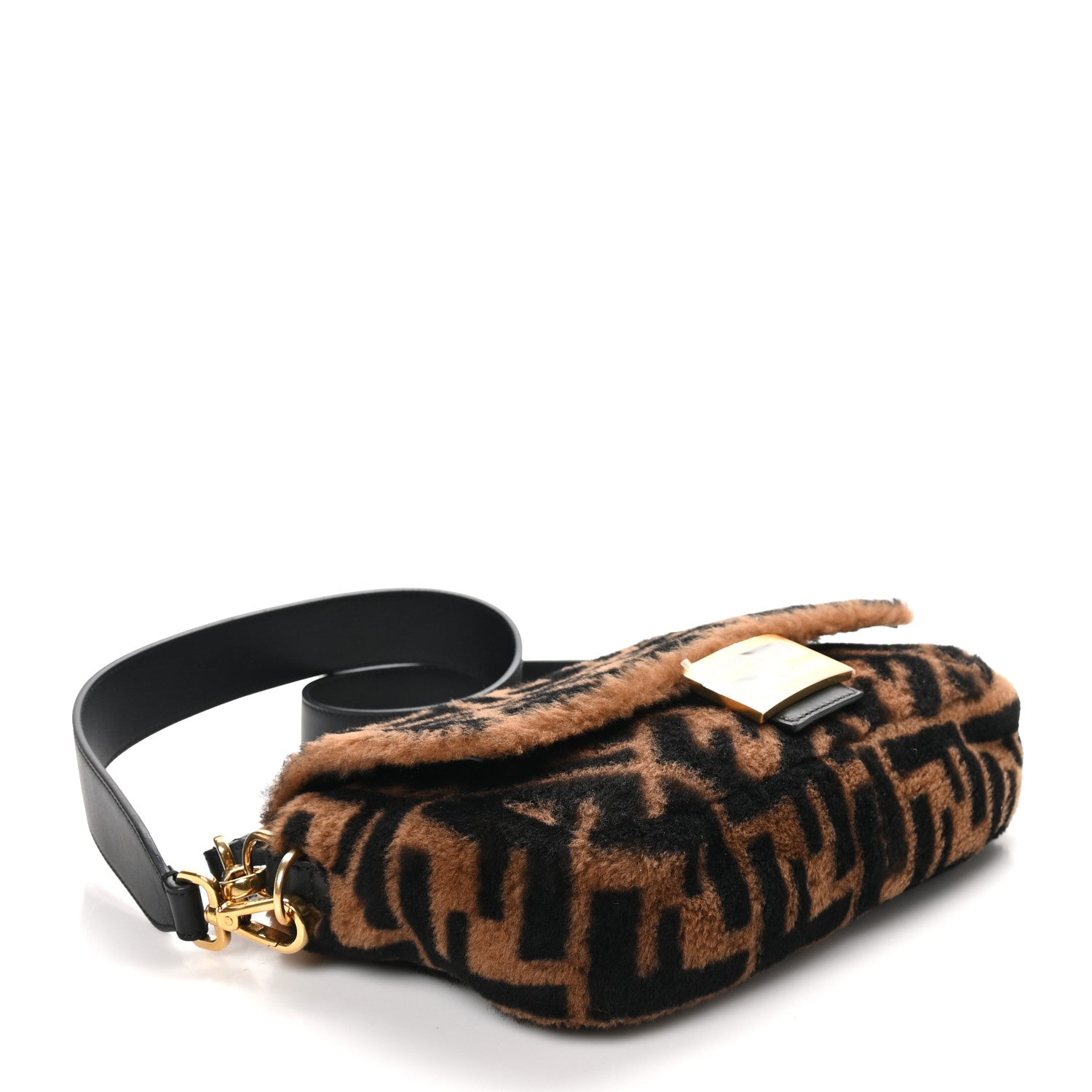 Fendi Shearling Vitello Dolce Macro FF 1974 Baguette Tobacco Black 4 of 10