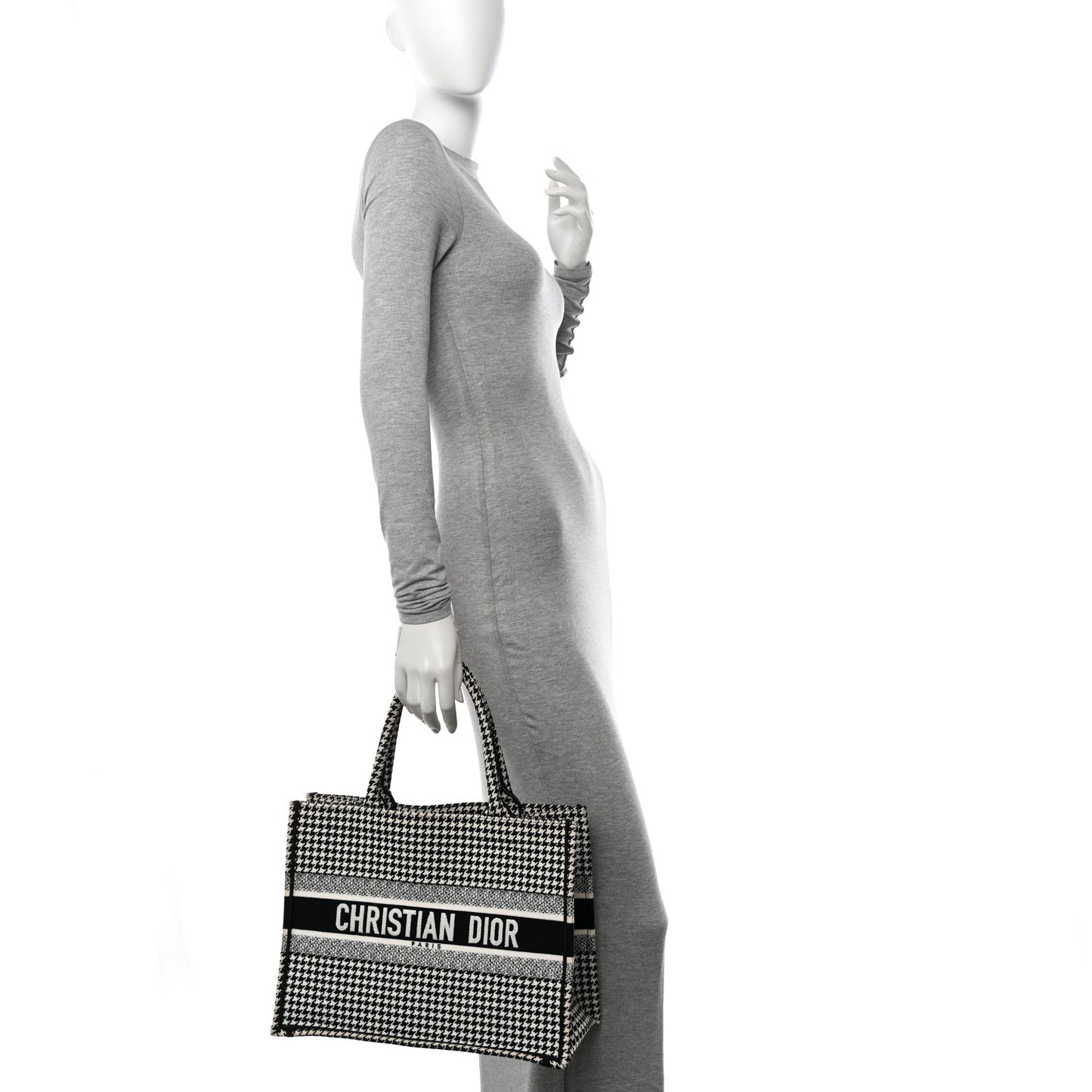 Canvas Houndstooth Embroidered Medium Book Tote Black White