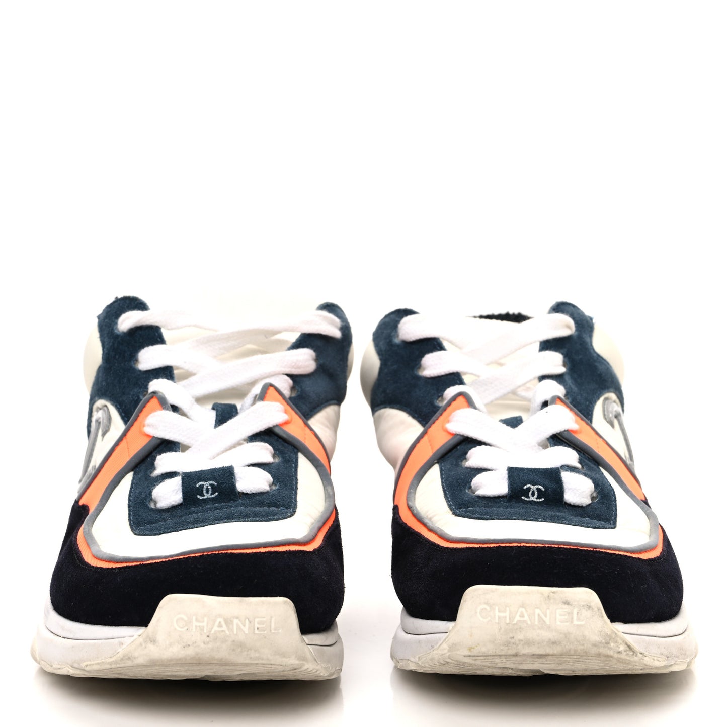 Nylon Calfskin Suede CC Womens Sneakers 38.5 Navy White Orange