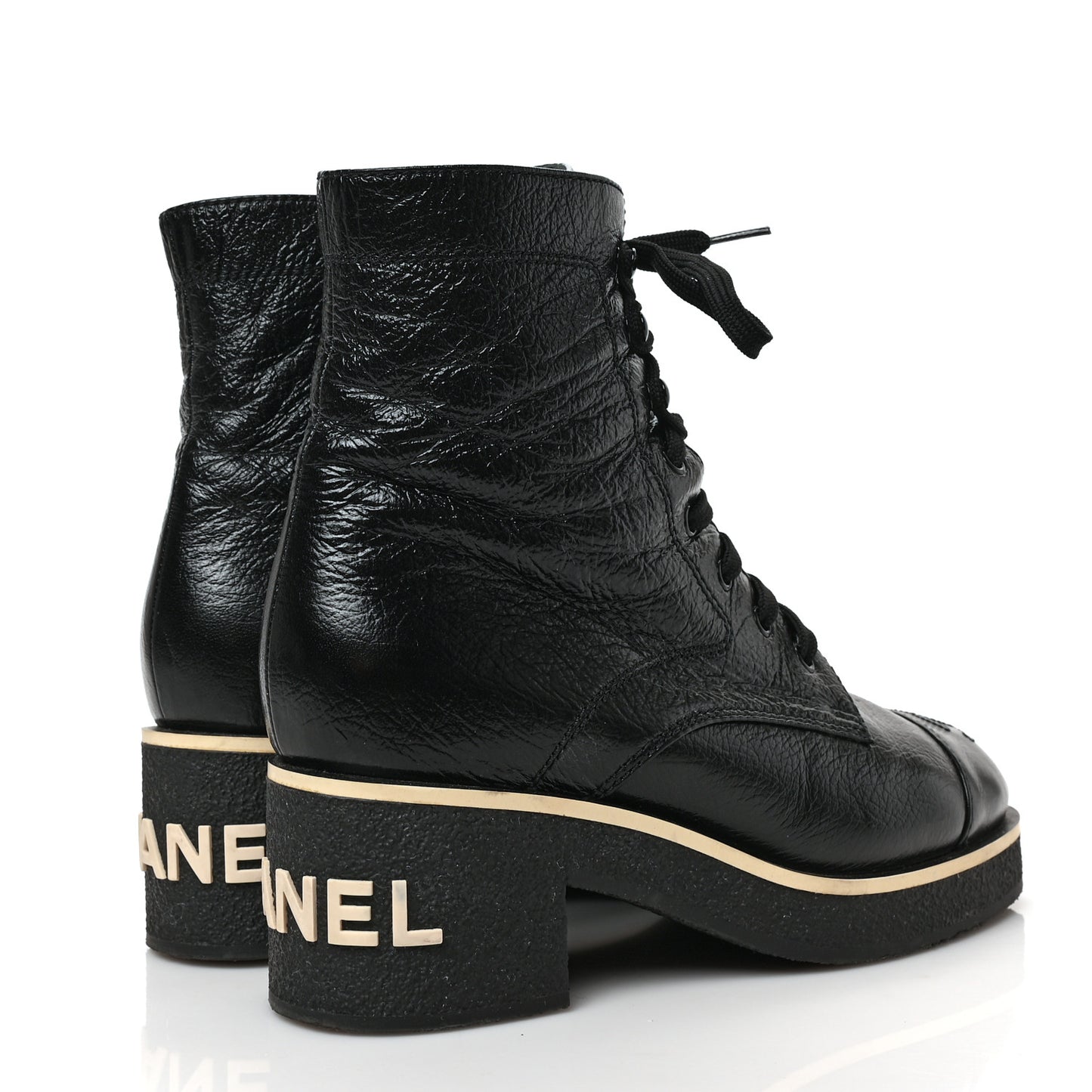 Shiny Crumpled Lambskin Lace Up Combat Boots 38 Black